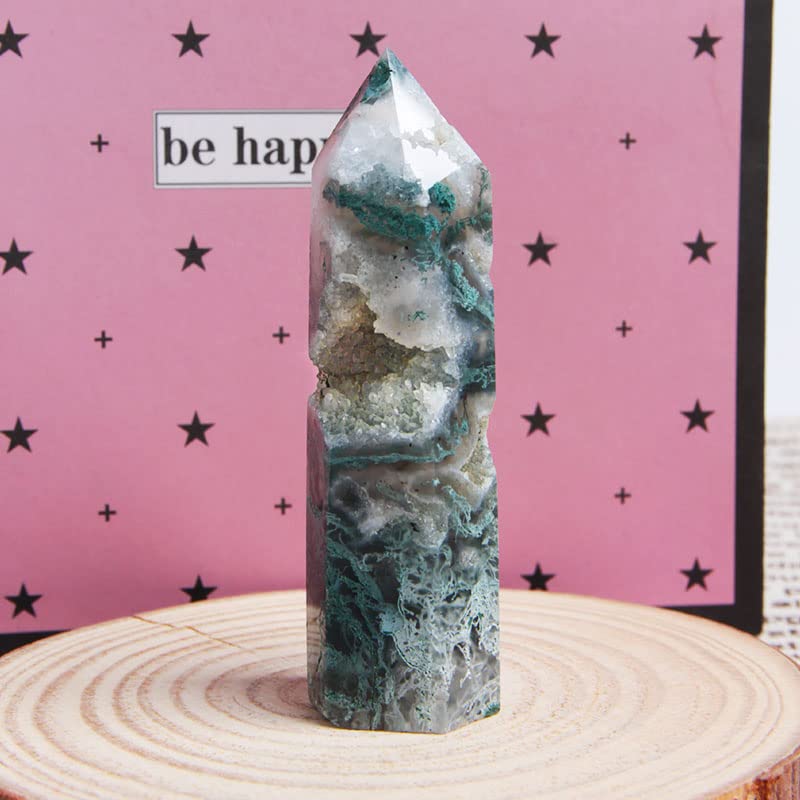 1Pcs Natural Moss Agate Geode Obelisk - Polished Crystal Point Tower for Home Decor, Meditation & Healing Stone | Spiritual Gift, Feng Shui, Reiki Energy, Yoga Space, Office Desk Decor