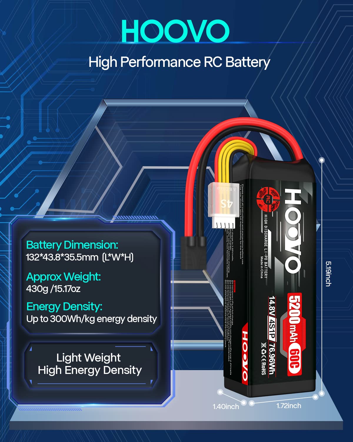HOOVO 14.8V 5200mAh 60C 4S Lipo Battery with XT60 Connector - High Performance Rechargeable Battery for RC Helicopter, Airplane, Drone, Quadcopter, Boat - Perfect for Long Flight Time and Extreme RC Hobby Activities