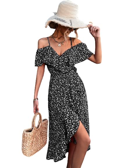 Floral Halter Maxi Dress for Women - Summer & Spring Shoulderless Long Dress with Asymmetrical Hem - Perfect for Beach Vacations, Weddings, and Date Nights