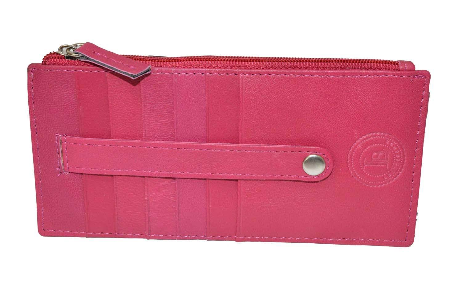 Genuine Leather Women's Slim Wallet - Card Holder with Zipper for Business & Travel (Pink)