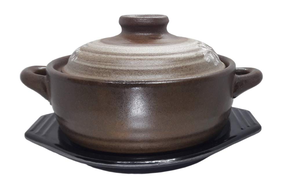 16.9oz (500ml) Korean Traditional Stone Bowl with Wooden Trivet - Dolsot Bibimbap Stone Pot for Hot Stone Cooking, Korean BBQ, Stews & Soups - Microwave & Oven Safe Ceramic Rice Bowl