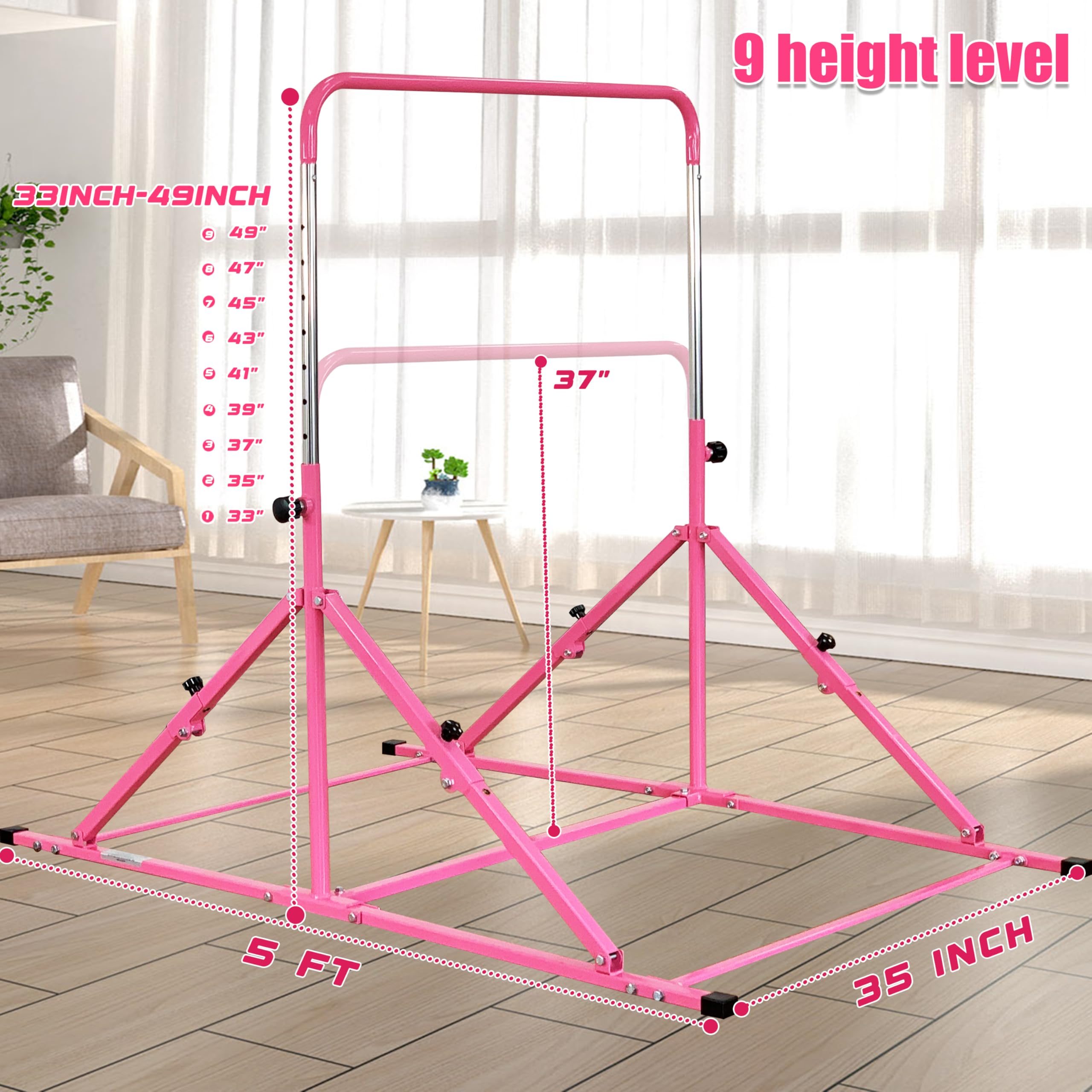 Upgrade Foldable Gymnastic Bar with Mat for Kids Ages 3-12 | 200 lbs Weight Capacity | Adjustable Height Horizontal Kip Bar | Home & Gym Training Equipment | Perfect for Gymnastics Practice, Strength Training & Playtime Activities