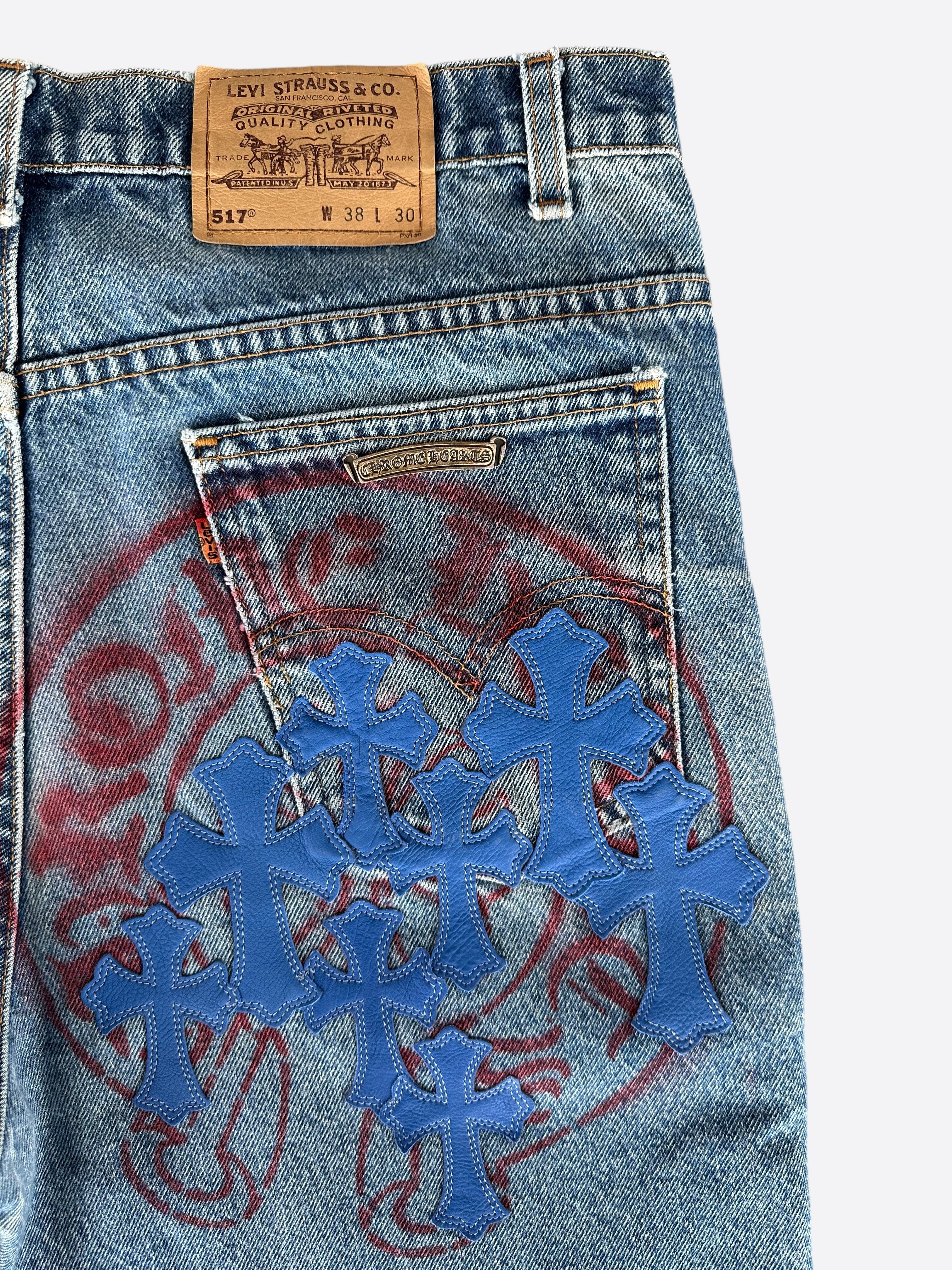 Chrome Hearts x Levi's Blue Cross Patch Stencil Jeans - Vintage Distressed Denim Pants for Men & Women | Perfect for Streetwear, Casual Outfits, and Fashion Statements