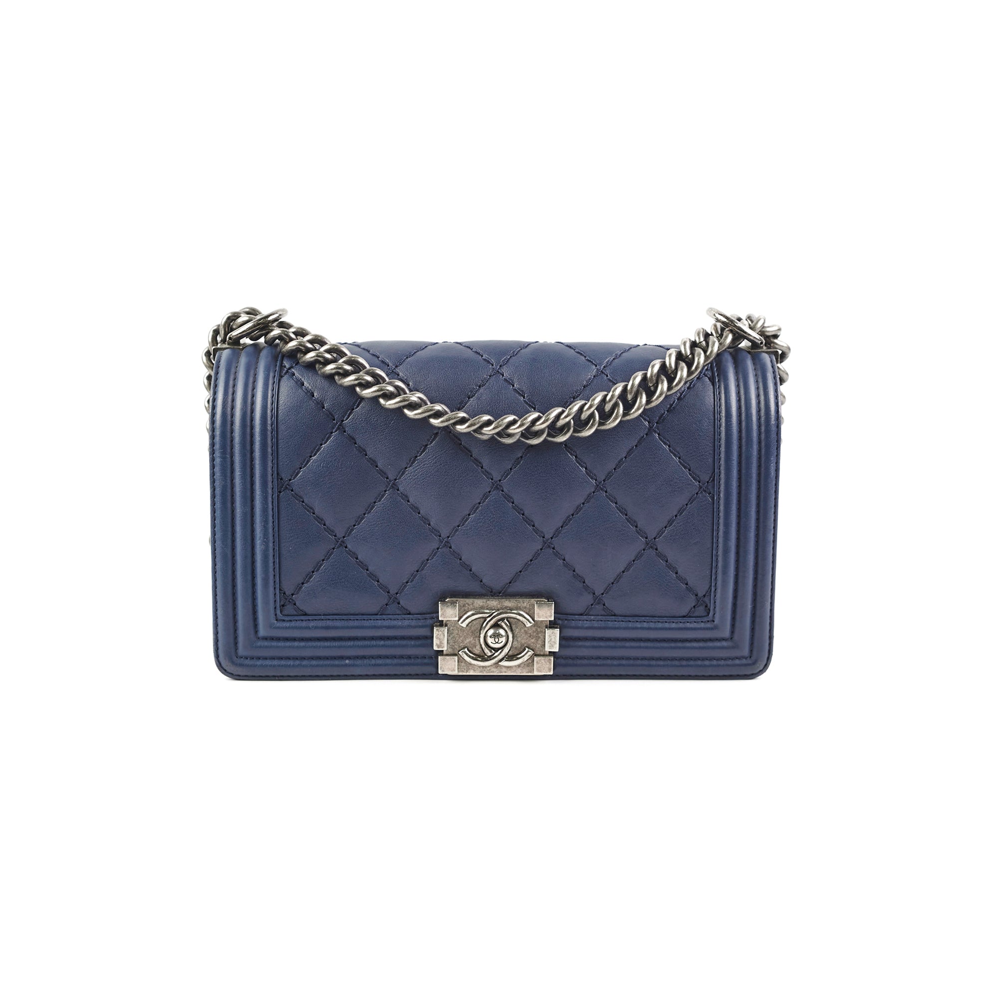 Chanel Boy Bag Old Medium Navy Blue Lambskin Leather Crossbody Bag for Women - Luxury Designer Handbag for Evening Parties, Date Night & Special Occasions