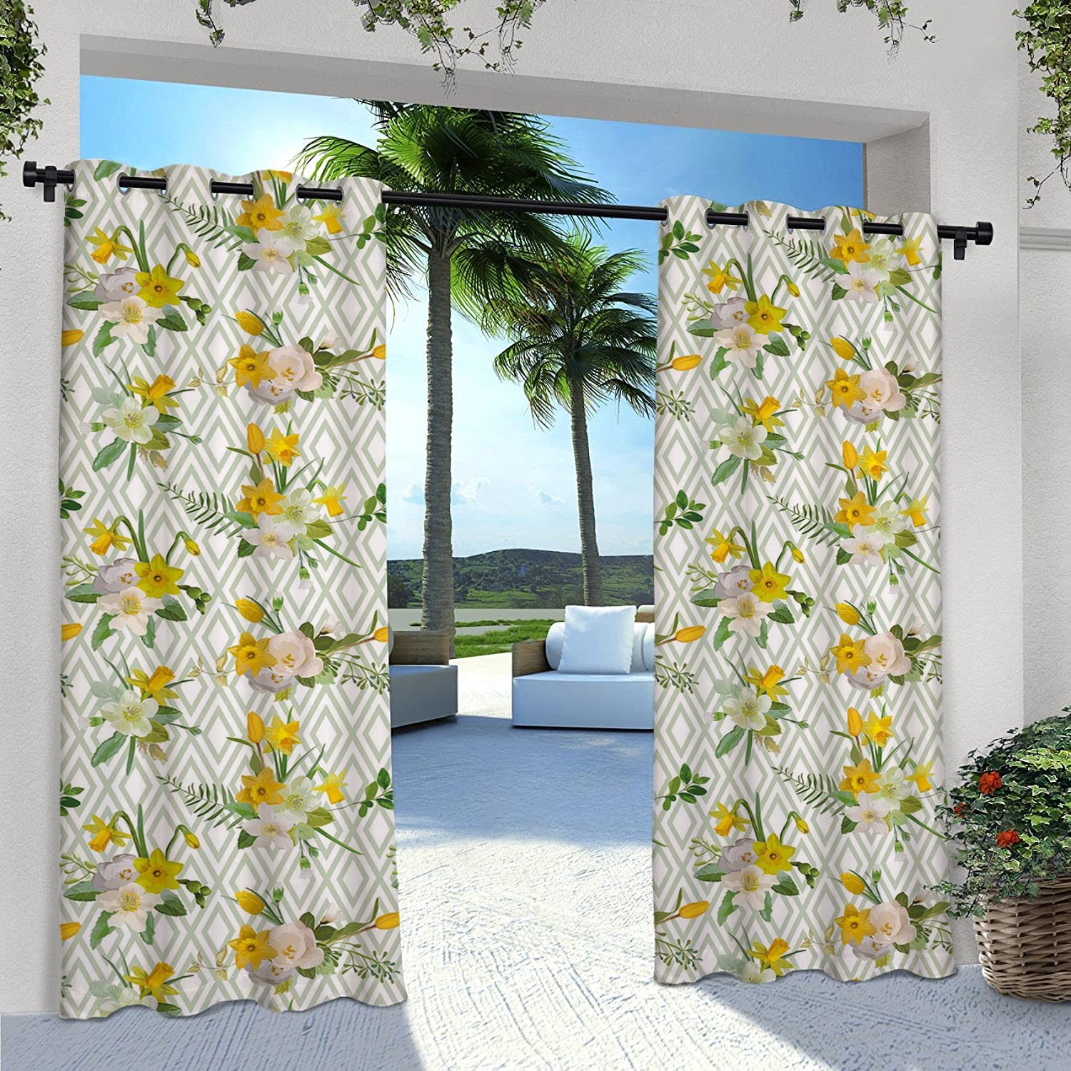 Waterproof UV-Resistant Outdoor Curtains for Patio - Diamond Pattern Floral Design in Pale Green, Yellow & White | Perfect for Gazebo, Pergola & Garden Decor