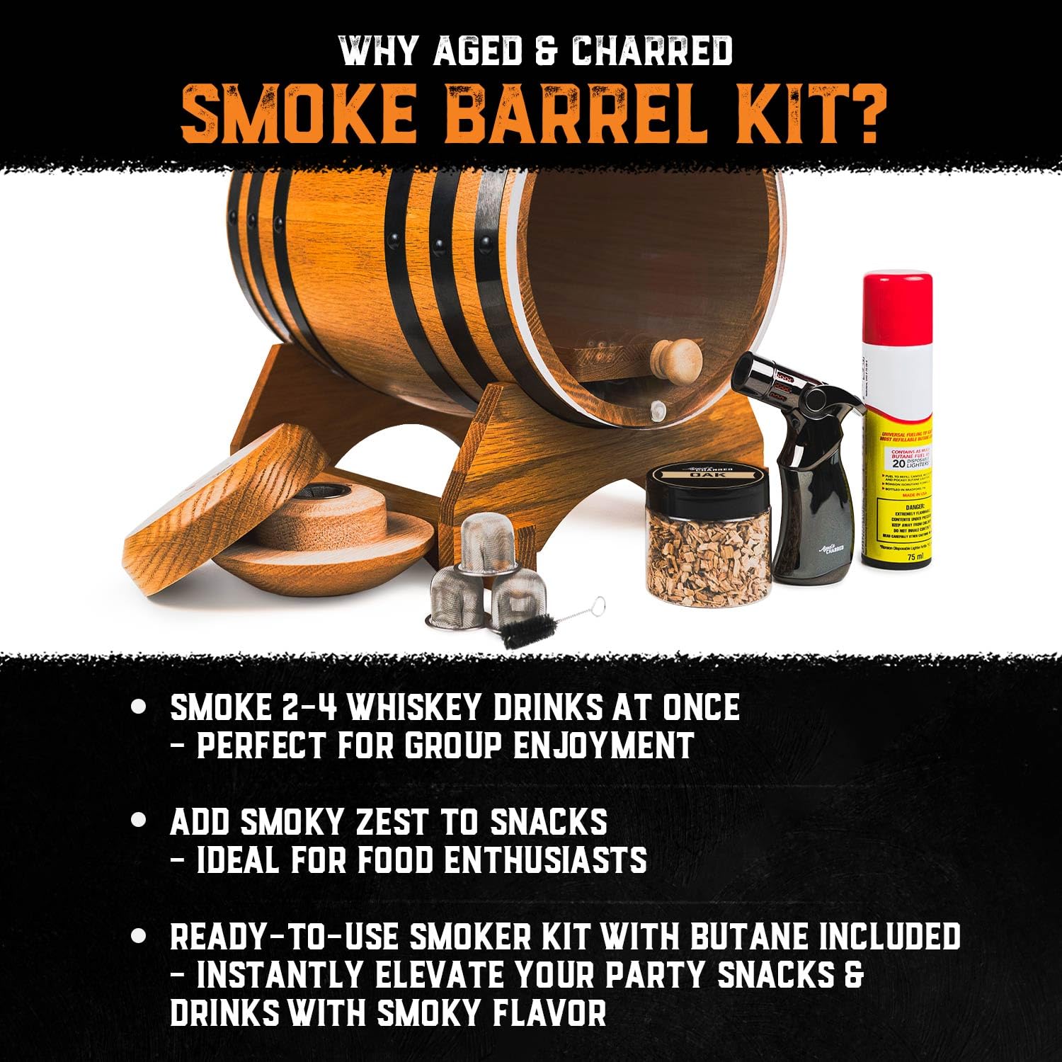 Premium Aged & Charred Smoke Barrel Kit - Cocktail Smoker Set with 4 Wood Chip Flavors (Fruit Blend) - Perfect for Home Bars, Mixology & Entertaining