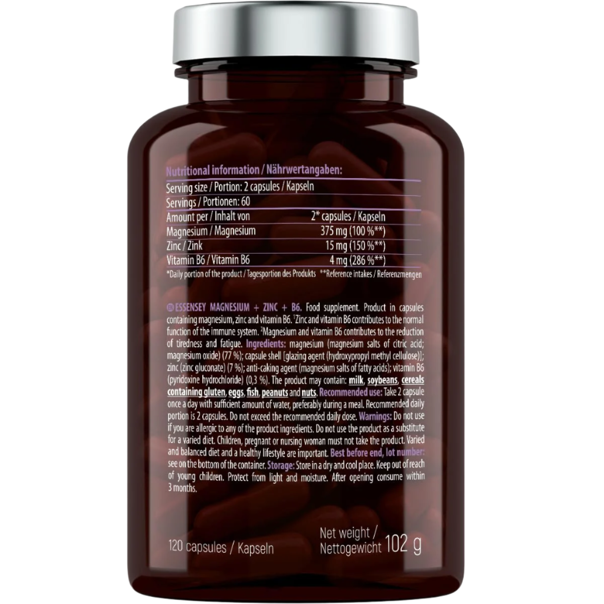 Essensey Magnesium Zinc B6 Supplement – Immune & Energy Support | 60 Servings (120 Capsules) | Stress Relief, Muscle Recovery & Better Sleep | Vegan & Non-GMO