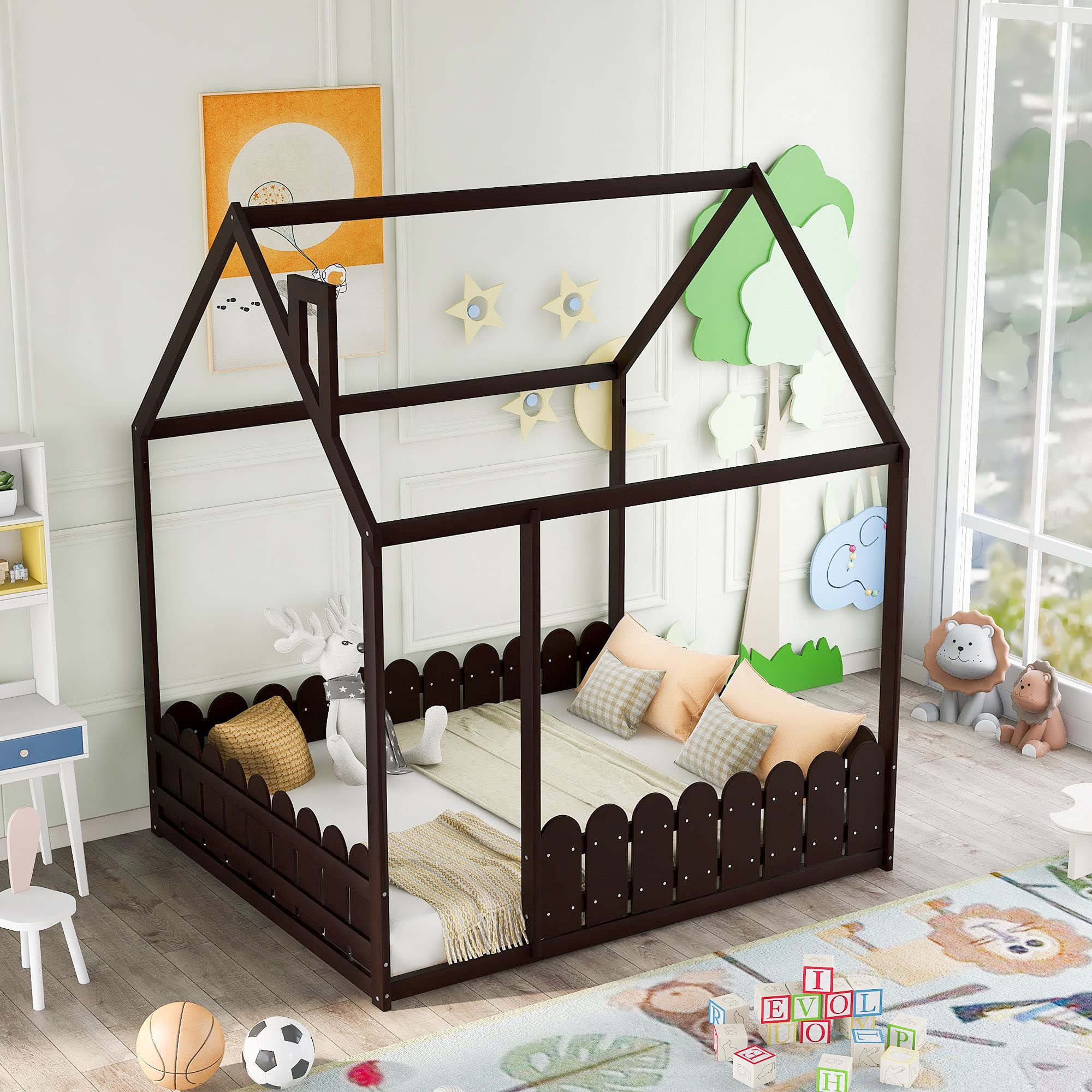 **House-Shaped Kids Wooden Floor Bed Frame with Safety Fence - Full Size, Espresso - No Weight Limit, Box Spring Needed - Perfect for Toddlers, Children & Teens (Girls & Boys) - Ideal for Playrooms, Bedrooms & Montessori Spaces**