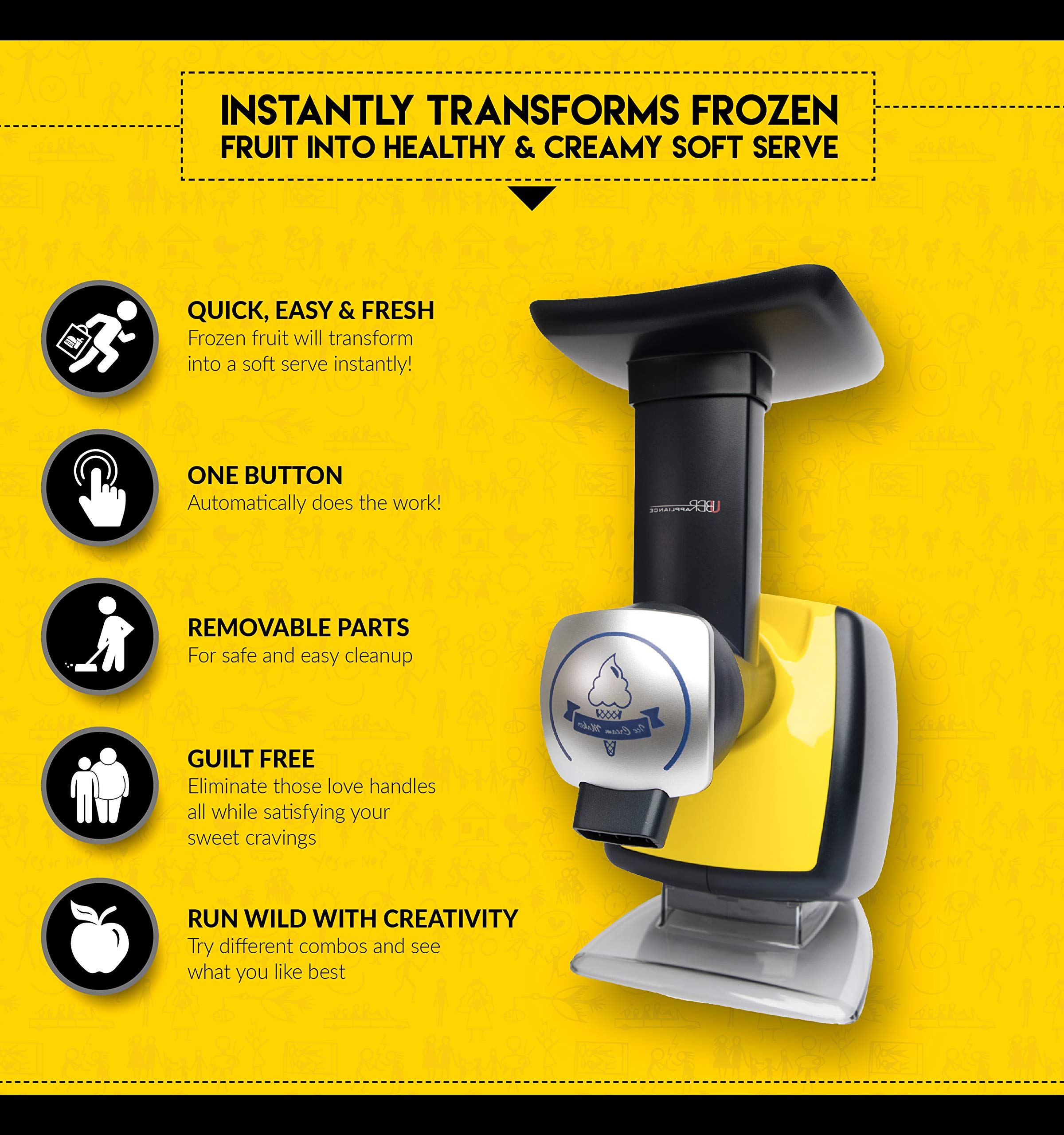 Uber Appliance Automatic Frozen Yogurt & Sorbet Maker Machine - Healthy Homemade Soft Serve Ice Cream, Sherbet, Fruit Dessert Maker with 4 Popsicle Molds & Recipe Book (Yellow) - Perfect for Parties, Family Treats & Summer Refreshments