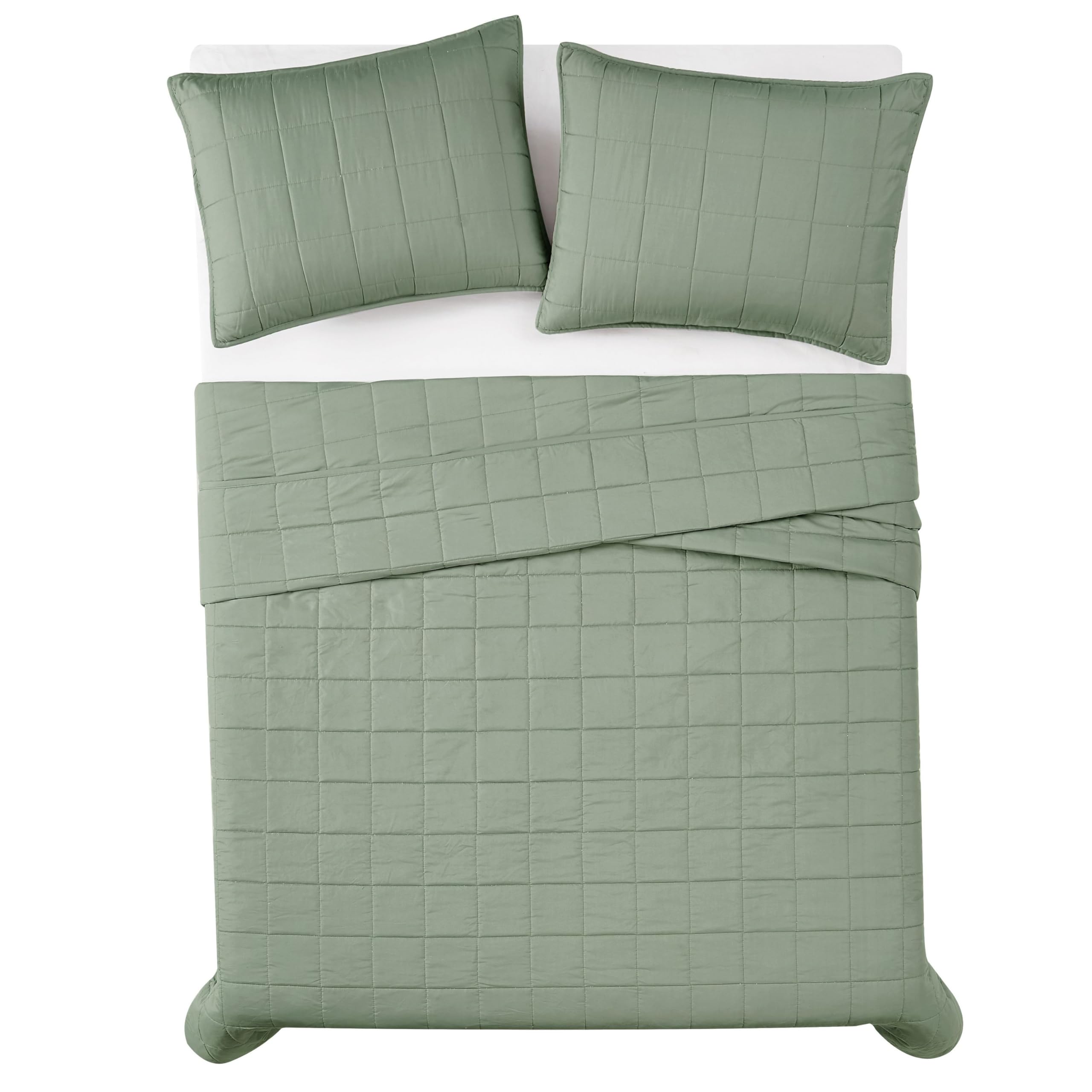 London Fog Green Microfiber 3-Piece King Quilt Set - Garment Washed Solid Design, Oeko-TEX Certified for Adults & Teens | Cozy Bedroom Upgrade for Winter Nights
