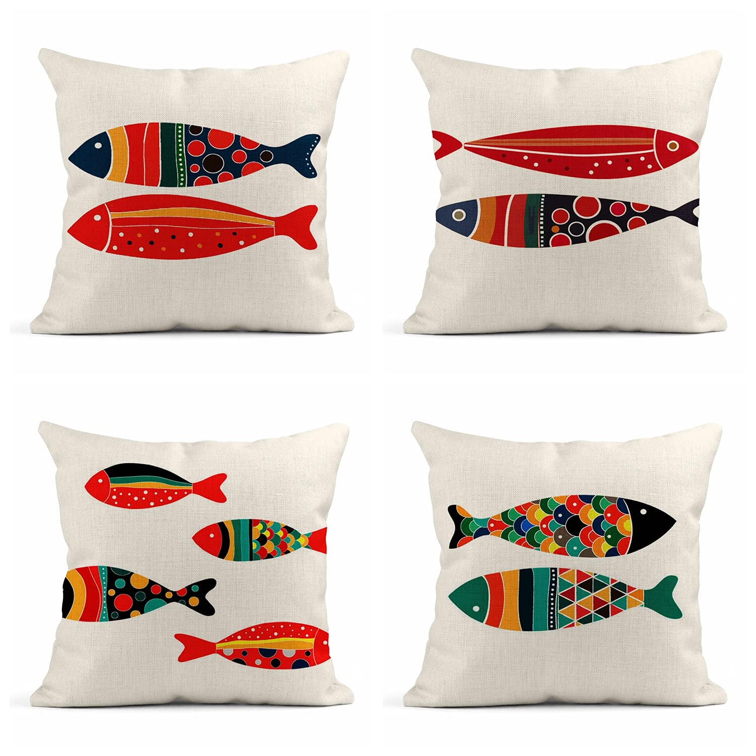 Set of 4 18x18 Inch Linen Throw Pillow Covers - Colorful Fish Pattern Home Decor for Sofa, Bed & Couch | Summer Living Room & Bedroom Accent Pillow Cases