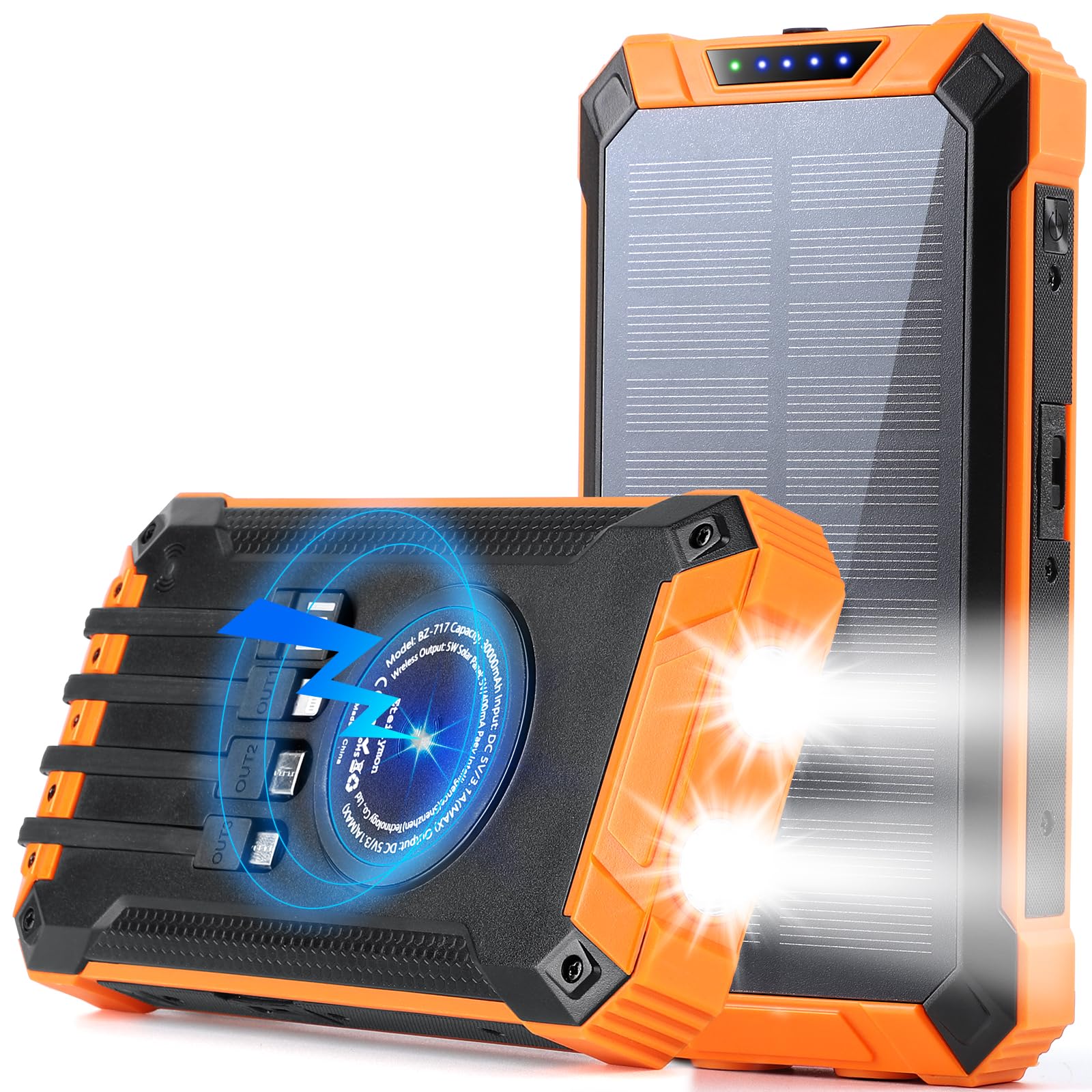 30000mAh Solar Power Bank with Wireless Charging - 15W Fast Portable Charger for iPhone, Samsung, Android | Built-in 4 Cables & 6 Outputs | 3 Inputs & Dual LED Flashlights - Perfect for Camping, Travel & Emergency Power Backup
