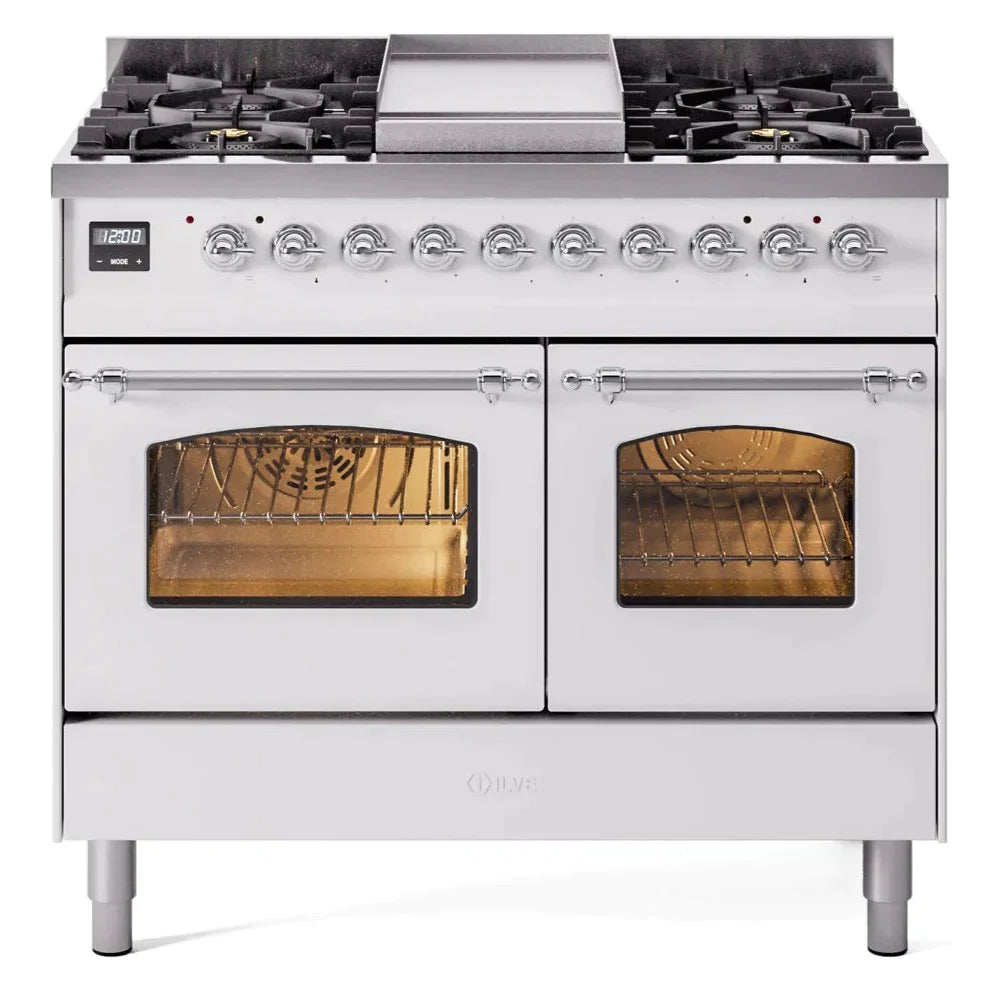ILVE 40 Nostalgie II Series Freestanding Double Oven Dual Fuel Range - 6 Sealed Burners & Griddle - Professional Gas & Electric Range for Home Kitchen - Perfect for Baking, Roasting & Family Cooking (Model UPD40FNMP)
