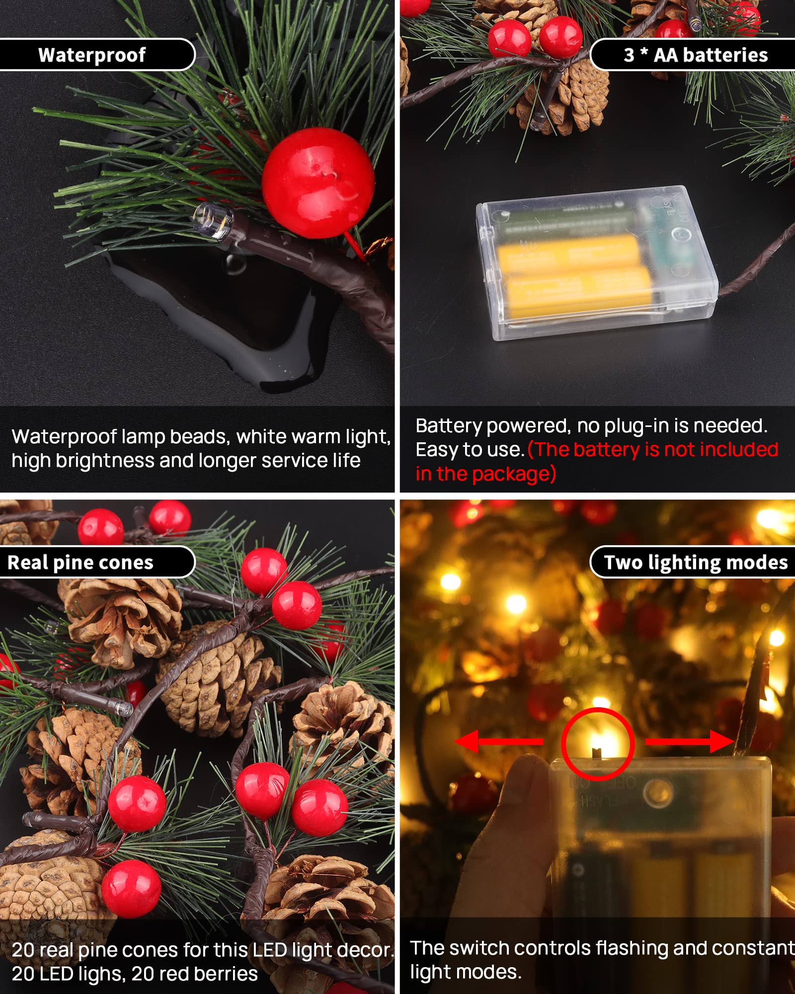 2 PCS Christmas Garland with LED String Lights - 6.6FT Pine Cone & Berry Decor for Indoor Fireplace, Mantel, Staircase, and Holiday Home Decor (20 LED Warm White Lights)