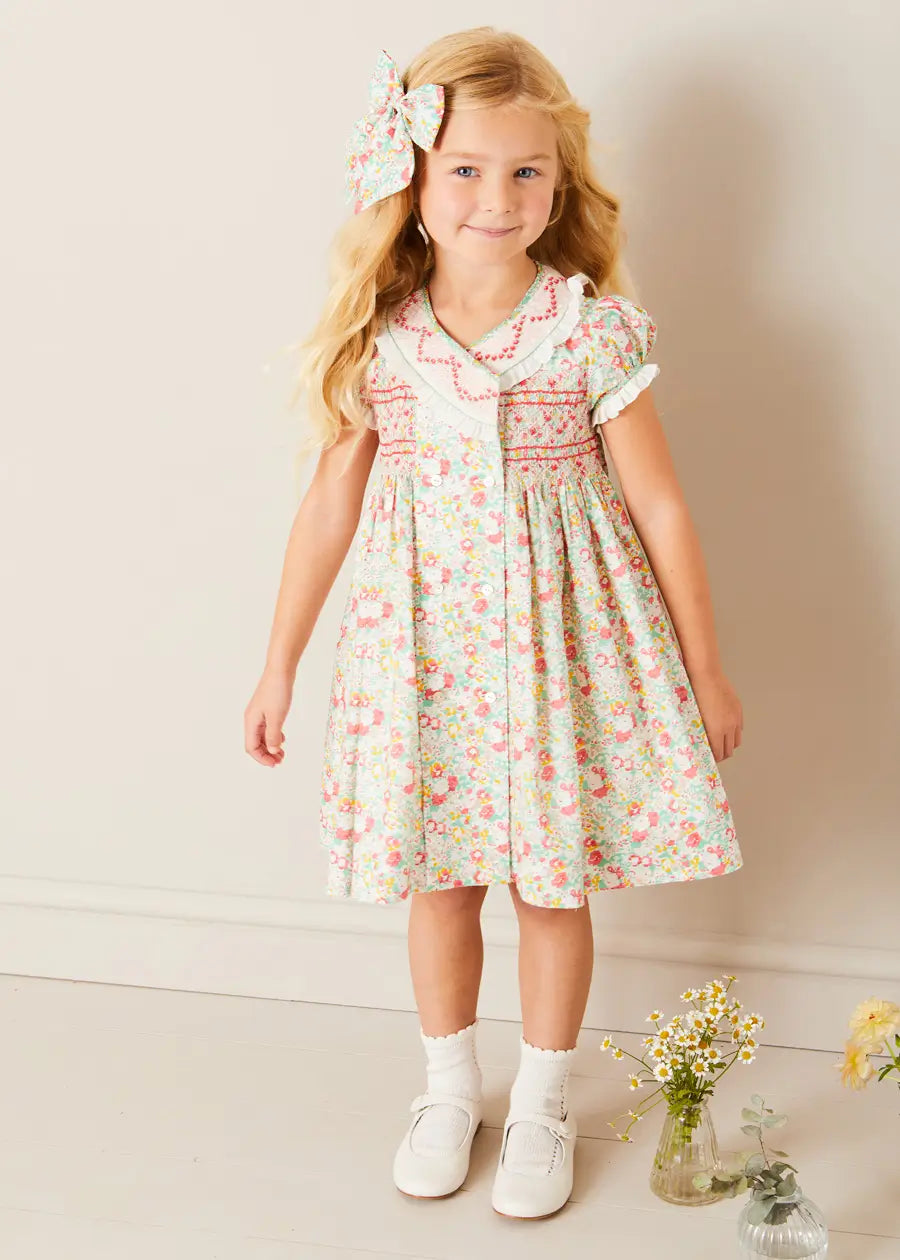 Floral Hand Smocked Double Breasted Short Sleeve Baby & Kids Dress - Coral (12 Months to 10 Years) | Perfect for Spring Photoshoots, Easter Outfits & Special Occasions