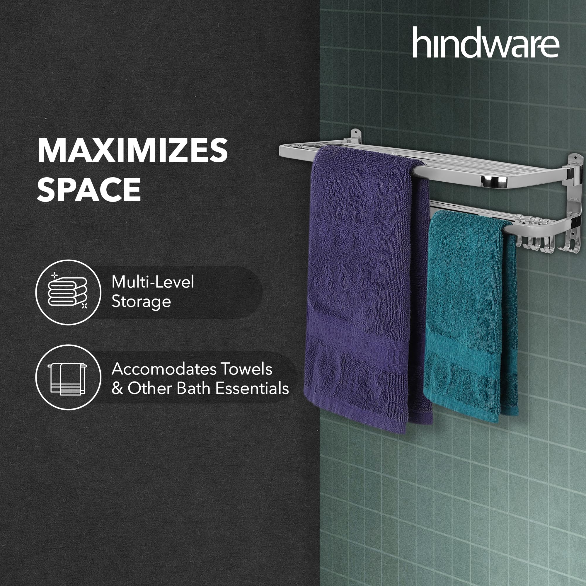 Hindware Premium 304 Stainless Steel Folding Towel Rack - Space-Saving Bathroom Organizer for Towels, Robes & Accessories | Perfect for Small Bathrooms, Apartments & RVs