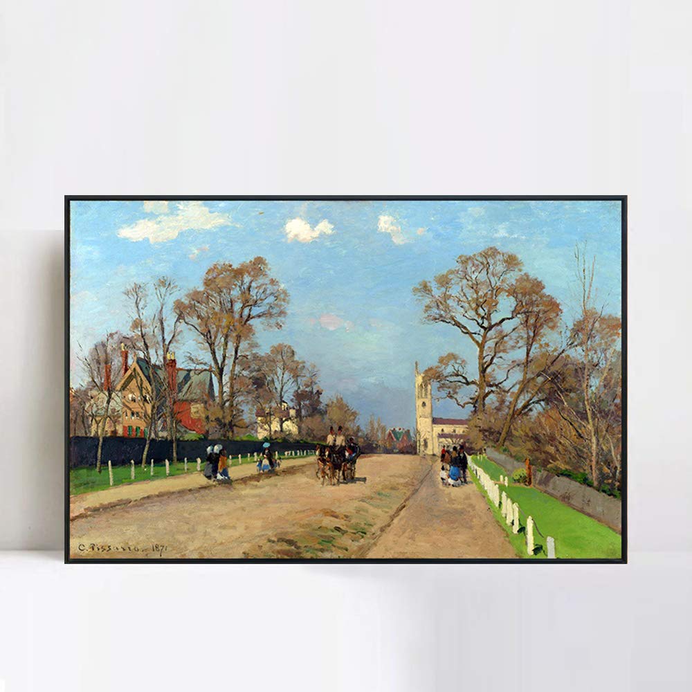 INVIN ART Framed Canvas Giclee Print - 'Voiture and People on the Road' by Camille Pissarro - Wall Art for Living Room & Home Office Decor (Black Slim Frame, 28x40 inches) - Perfect for Modern Home, Office & Gallery Display