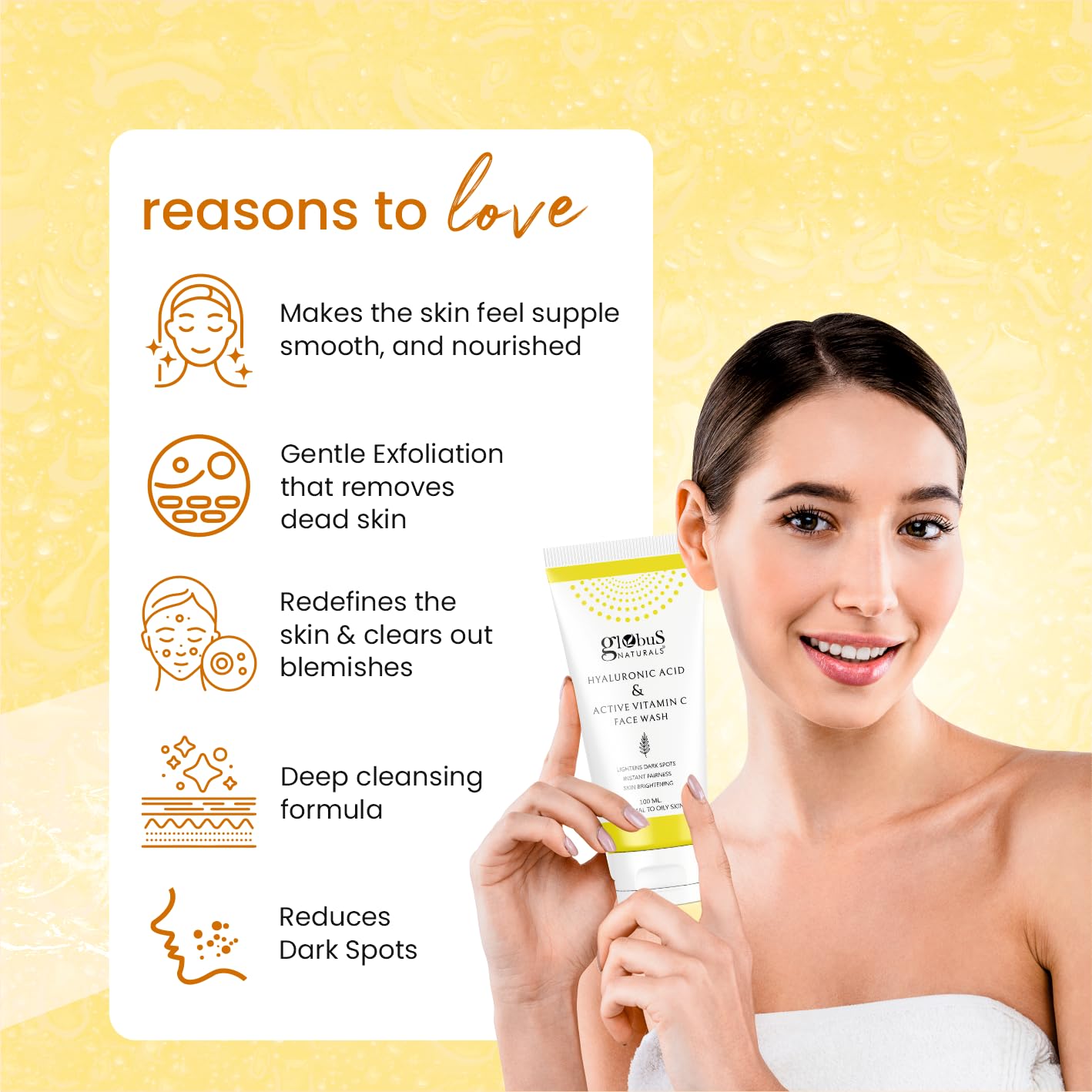 Globus Natural Anti-Aging Face Wash with Hyaluronic Acid & Vitamin C - 100ml Hydrating Cleanser for Youthful Skin | Perfect for Daily Skincare Routine & Travel