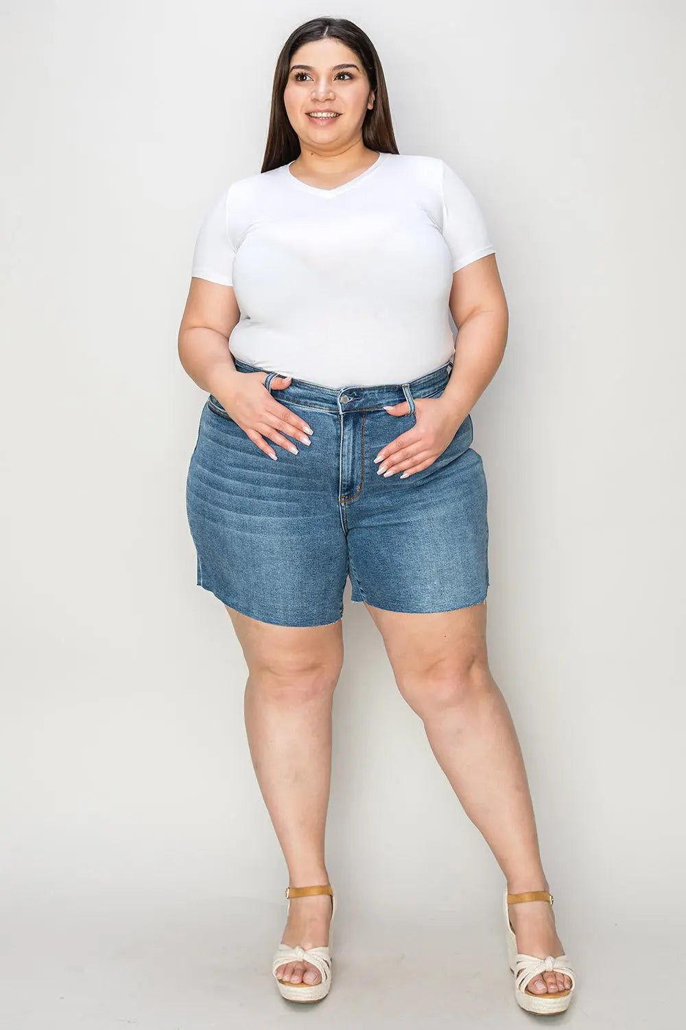 Judy Blue High Waist Slim Denim Shorts for Women - Stretchy Comfort Fit Distressed Denim Shorts | Perfect for Summer, Beach, and Casual Outings