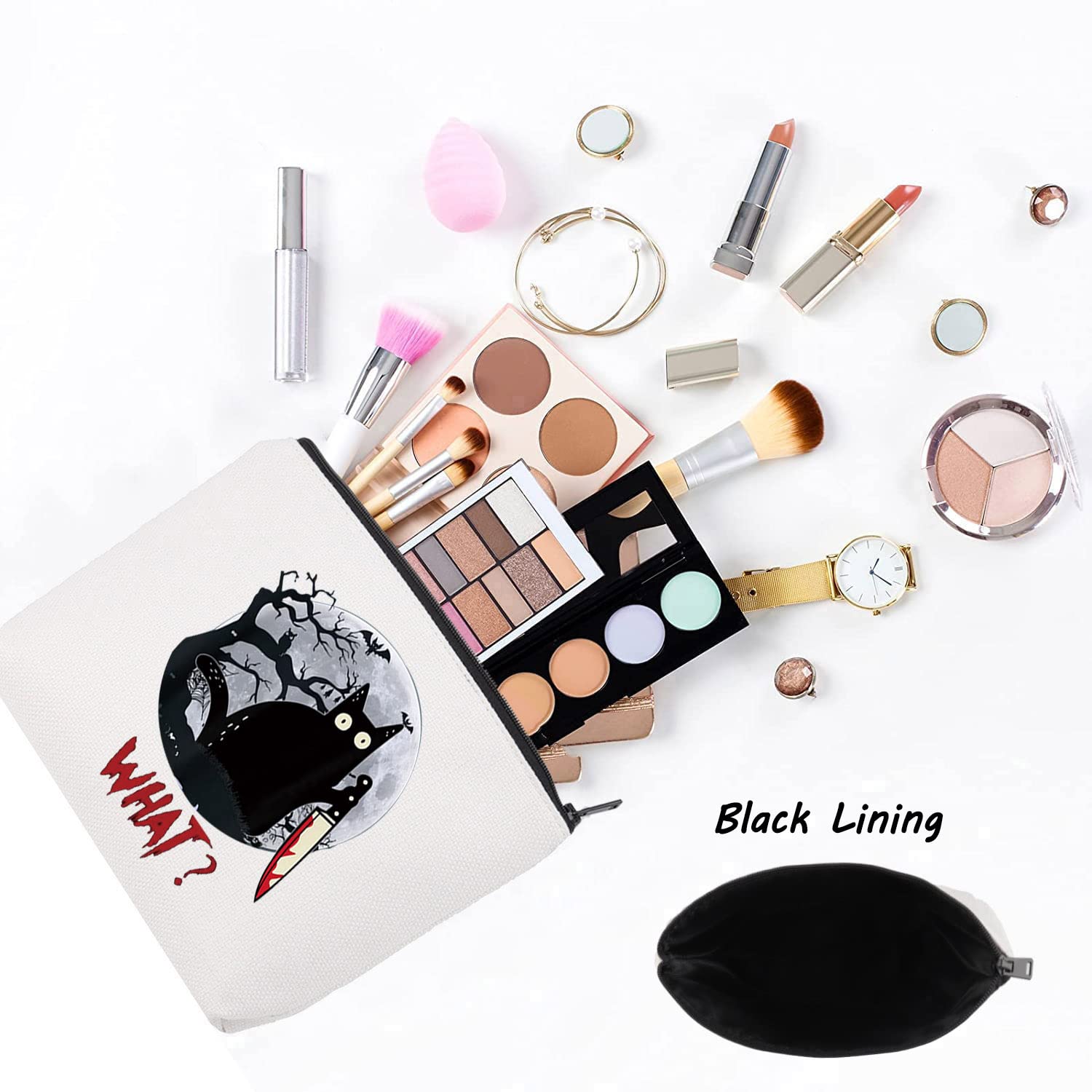 LEVLO Murderous Cat With Knife Cosmetic Makeup Bag - Cute & Spooky Zipper Pouch for Cosmetics & Travel - Perfect Halloween Gift & Unique Makeup Organizer (Great for Halloween Parties, Cosplay & Everyday Use)