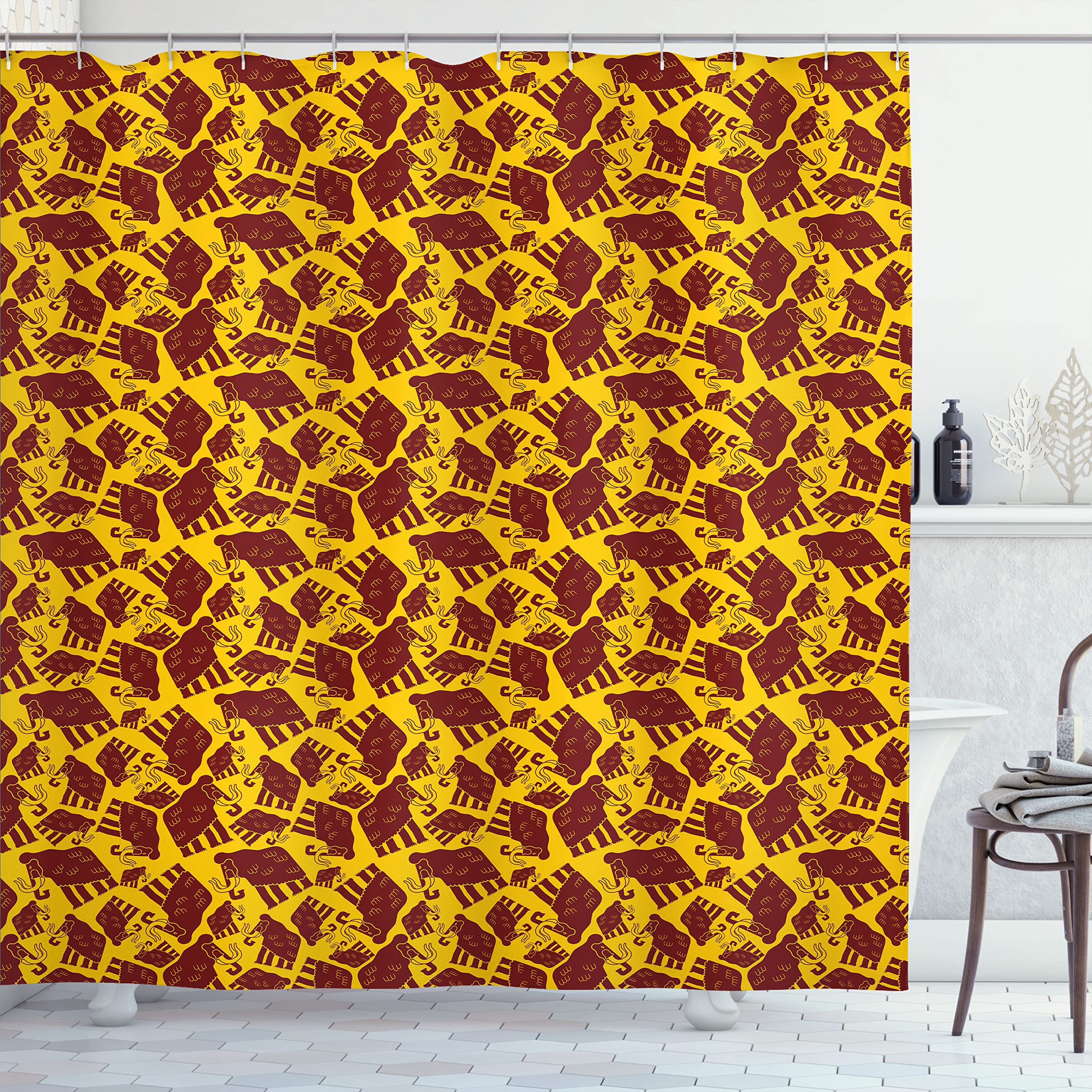 Ambesonne Prehistoric Animal Shower Curtain - Jurassic Mammoth Print Fabric Bathroom Decor with Hooks, 69x84 Inches, Earth Yellow & Burgundy - Perfect for Dinosaur Themed Bathrooms & Kids' Room Decor