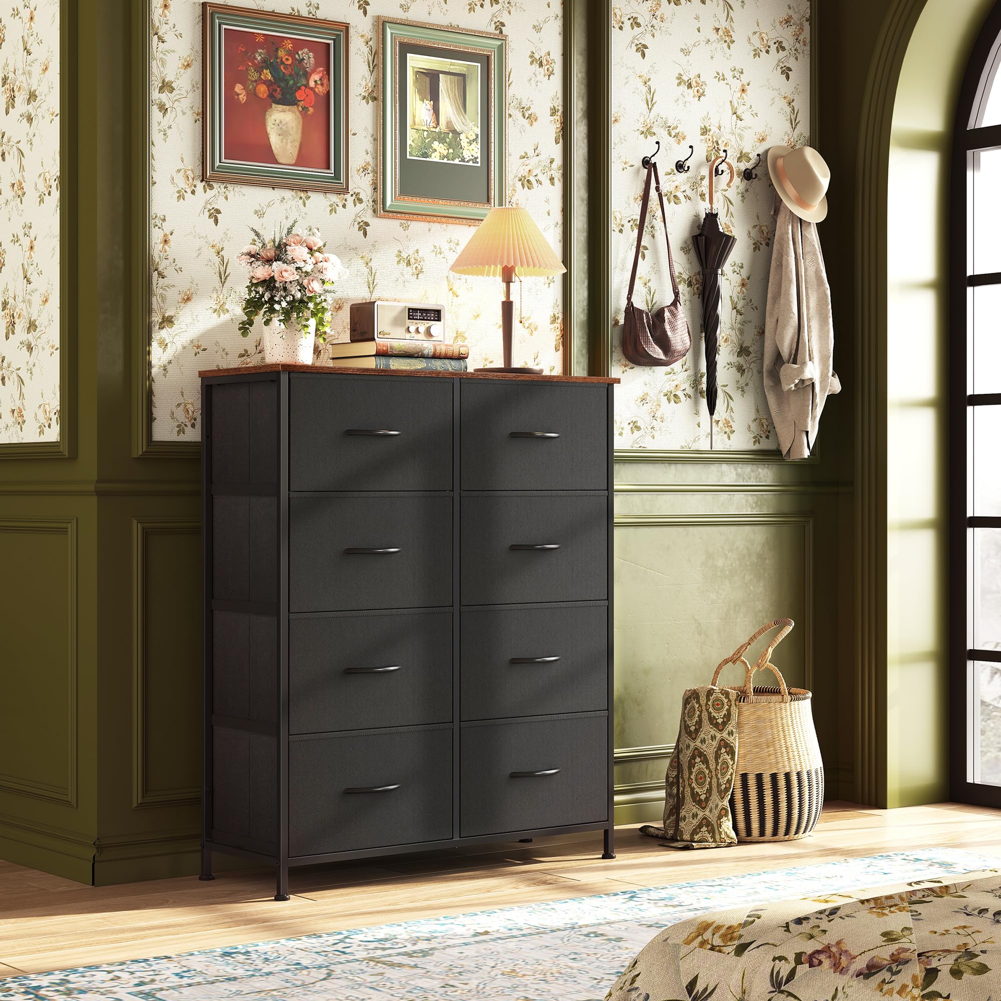 WLIVE 8-Drawer Fabric Dresser for Bedroom - Tall Storage Tower with Fabric Bins, Double Dresser Chest for Closet, Living Room & Hallway - Black & Rustic Brown - Perfect for Organizing Clothes, Toys & Home Essentials