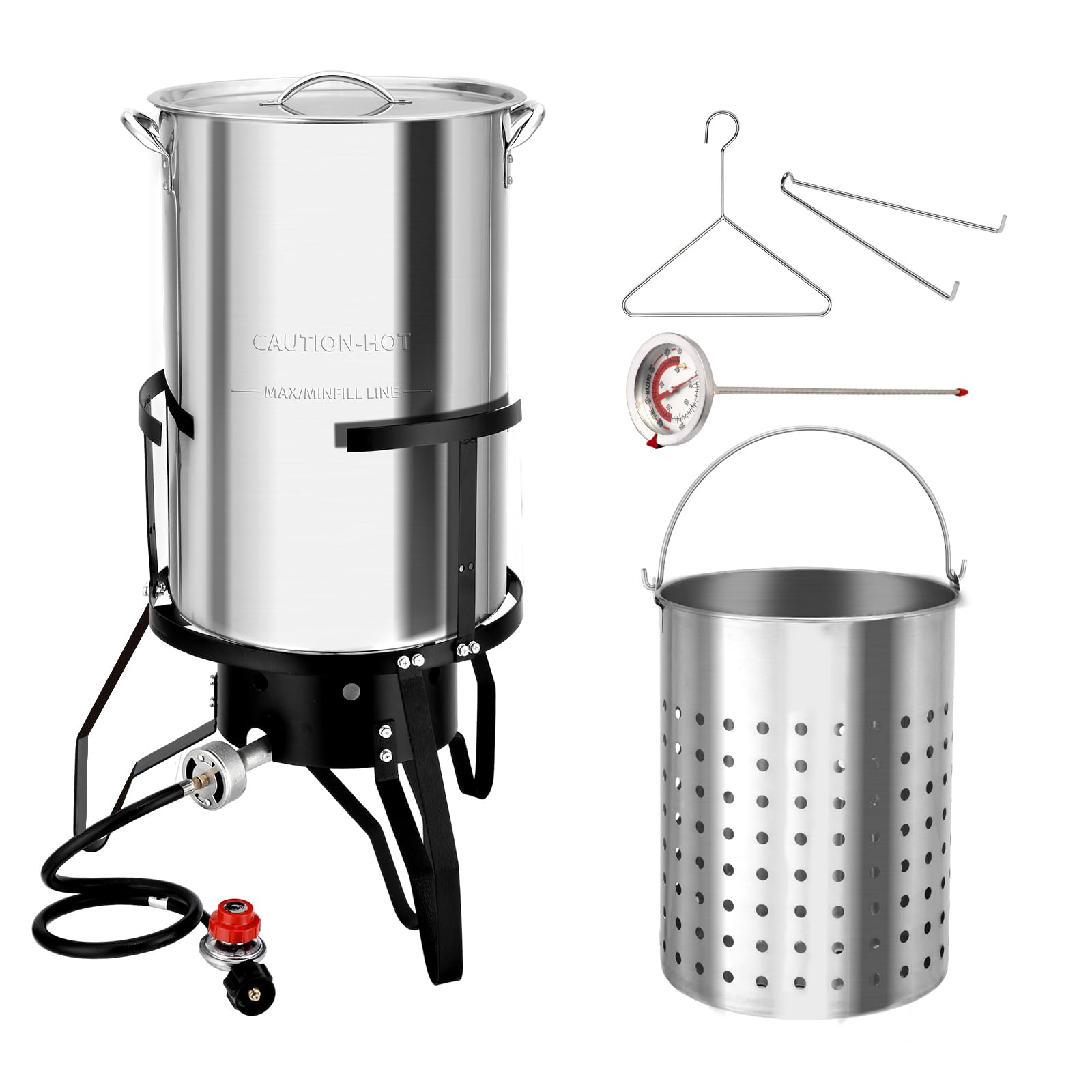 ROVSUN 50QT Stainless Steel Outdoor Turkey Fryer with 54,000BTU Propane Burner - Deep Fryer & Seafood Boiler Steamer Kit Includes Basket, Thermometer, Lifting Hook & Support Rack - Perfect for Backyard Cooking, Camping, Tailgating & Holiday Feasts