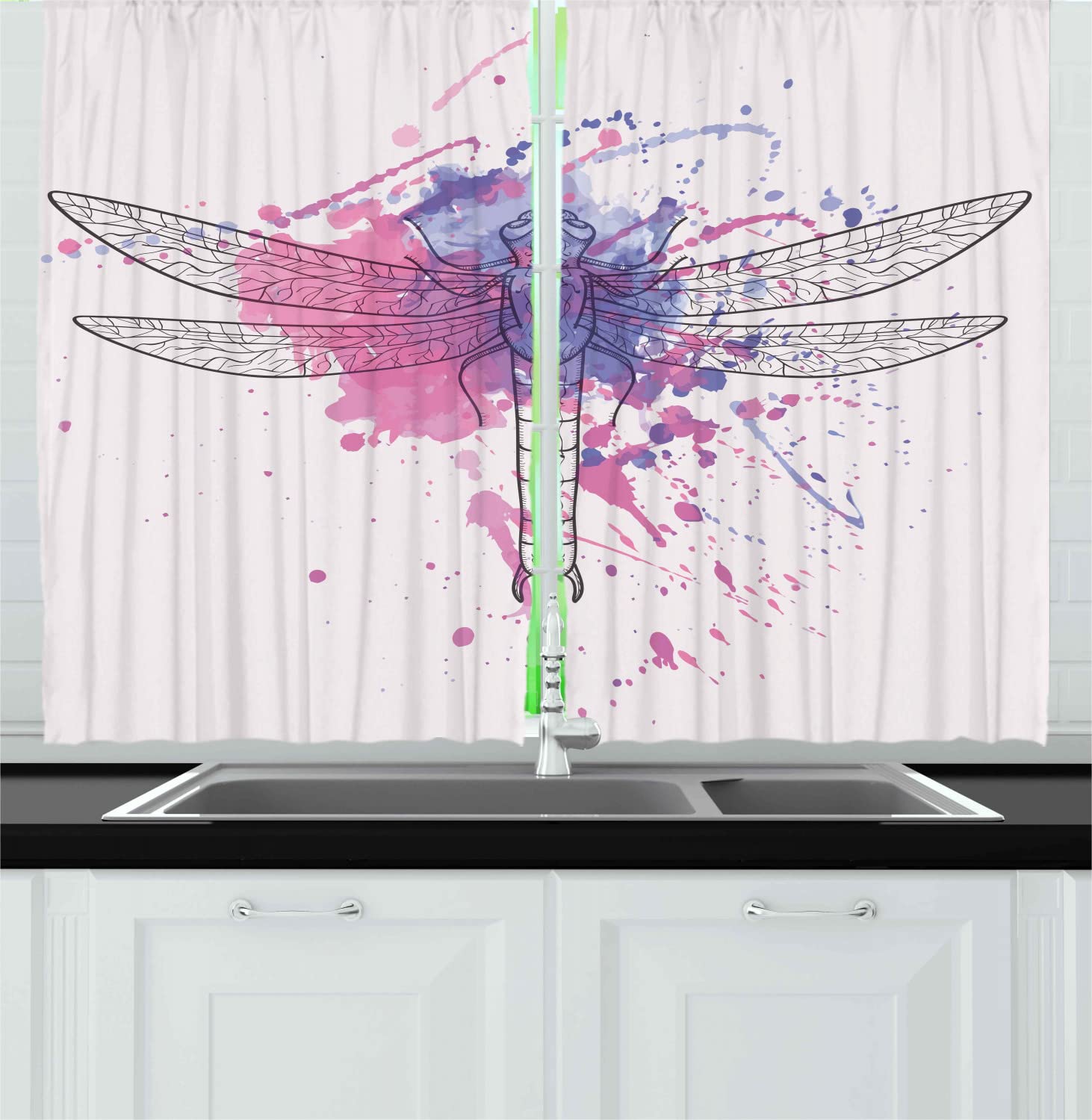 Ambesonne Dragonfly Long Kitchen Curtains - Watercolor Moth & Street Art Design in Pink Rainbow Tones, Black White & Purple - 2 Panel Rod Pocket Drapes 55