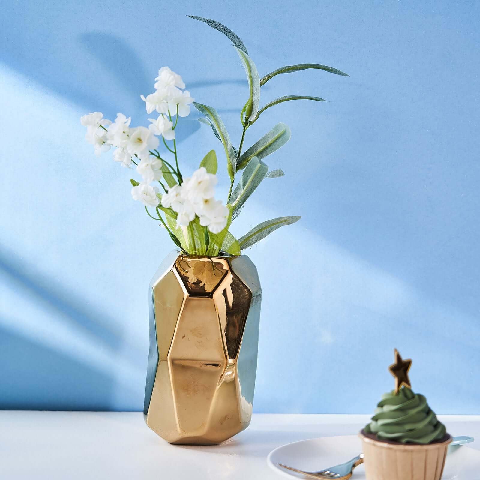 Efavormart 2 Pack 6 Inch Gold Geometric Ceramic Vases - Modern Cylinder Table Vases for Dining Table Centerpiece, Coffee Table Decor, Kitchen Counter, Office Desk, Wedding & Party Decorations - Elegant Home & Event Decoration