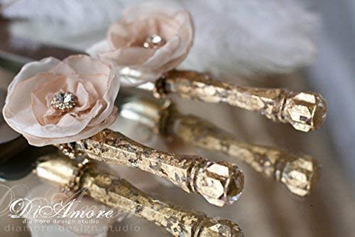Personalized Ivory & Gold Wedding Cake Server and Knife Set - Engraved Flower Design Cake Cutting Gift for Bridal Showers, Anniversaries & Special Occasions