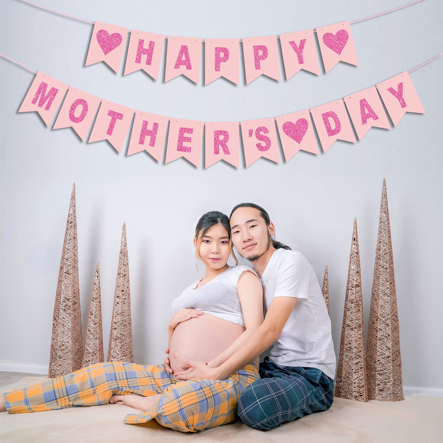 CAVLA Happy Mother's Day Banner - Pink Rose & Red Heart Bunting with 'Best Mom Ever' Sign - Paper Wall Decor for Mother's Day Party, Home Celebration & Family Gatherings
