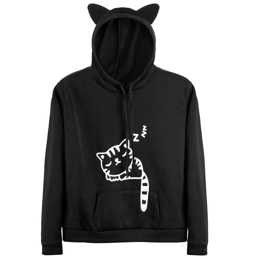 Cute Cat Ear Hoodie for Women & Teens - Soft Pullover Sweatshirt with Sleeping Cat Print | Cozy Lounge Wear for Sleepovers, Anime Conventions & Casual Outings