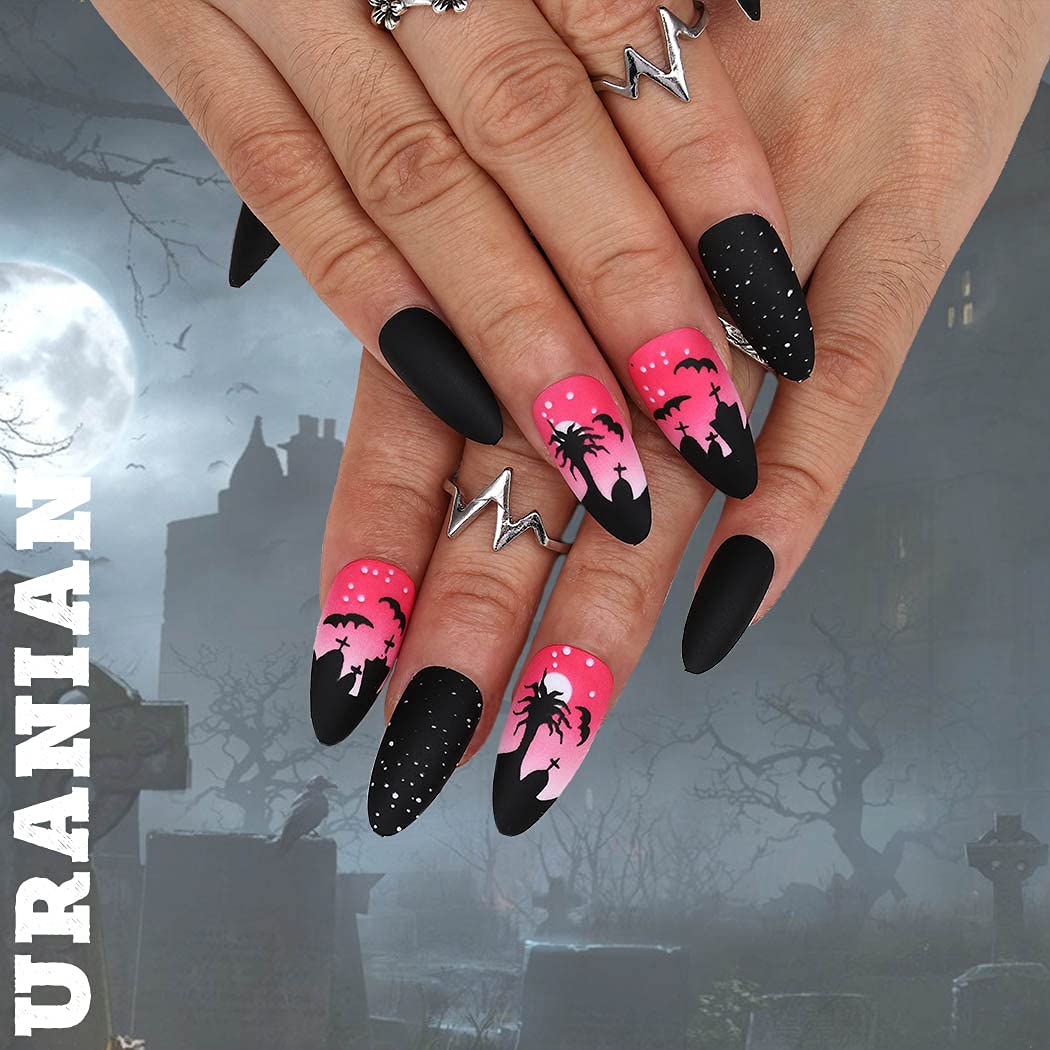 Gothic Almond Acrylic Fake Nails 24pcs - Matte Pink French Cross Design with Black Spots | Long Press on False Nails | Full Cover Stiletto Halloween Nails for Women & Girls (Pattern C) | Perfect for Costume Parties, Gothic Fashion & Special Occasions