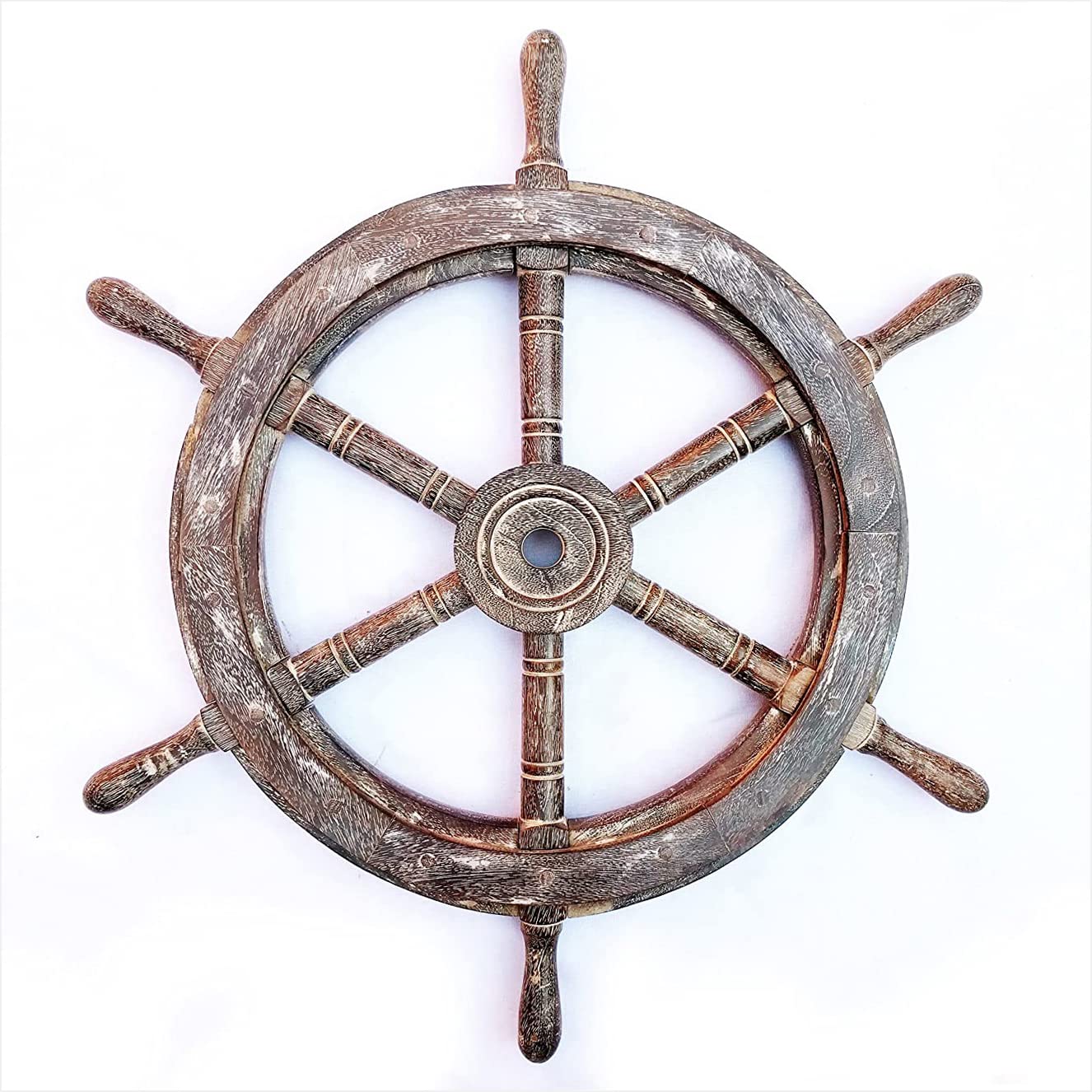 Nagina International 24-Inch Antique White Wooden Ship Wheel with Accentuated Grains - Nautical Home Decor, Pirate Nursery Gift - Perfect for Coastal Themed Living Rooms, Beach House Wall Art & Pirate Birthday Party Decorations