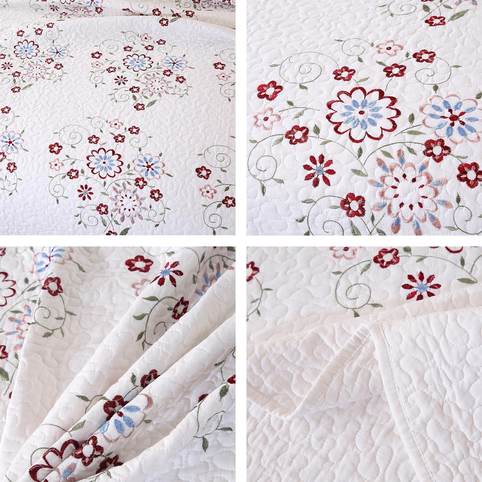 VCTOPS 100% Cotton Floral Embroidered Quilt Set 3-Piece Queen Size - Elegant Ultra Soft Lightweight Reversible Coverlet Bedspread with Shams (White, Queen) for Bedroom Decor, Guest Room & Cozy Home Styling