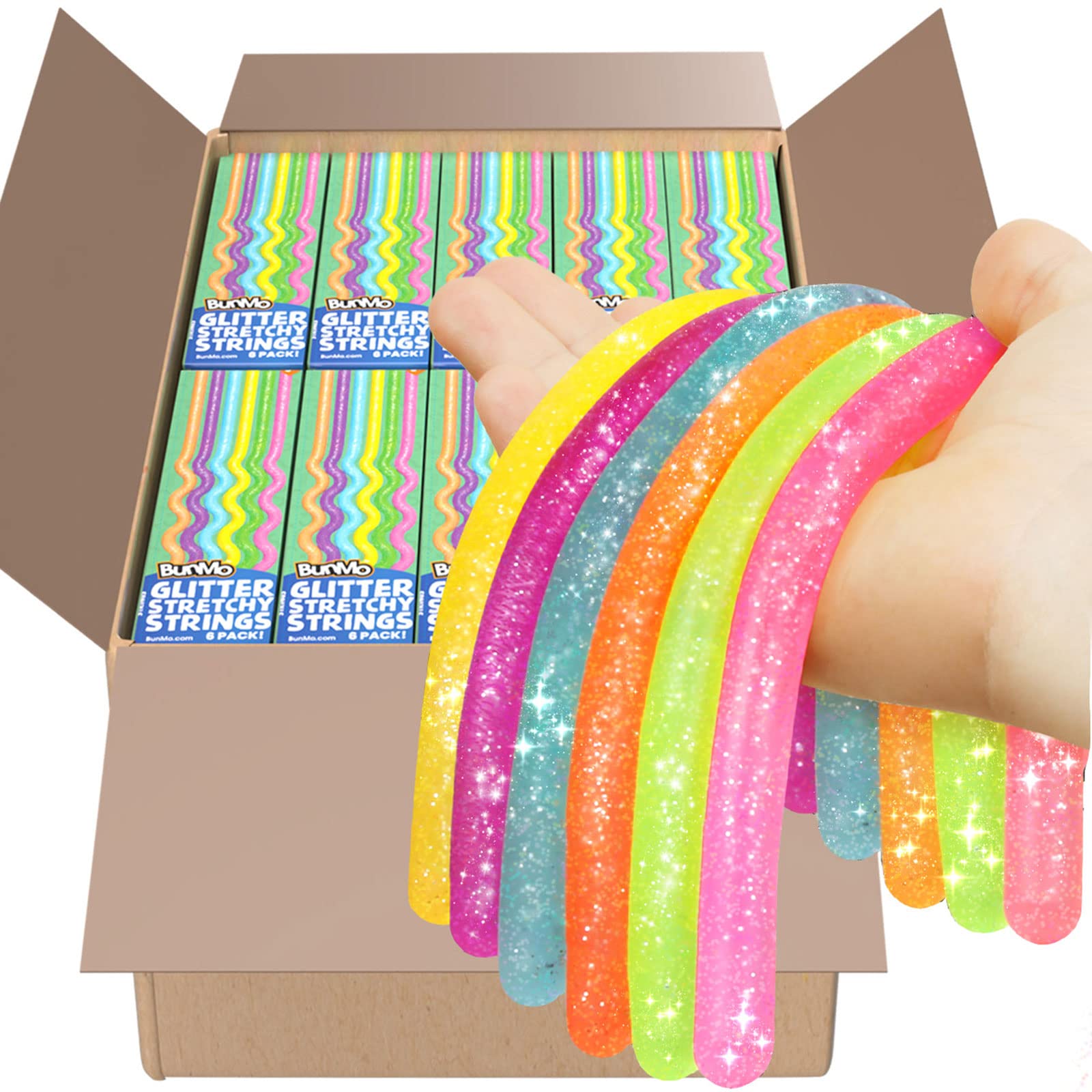 BunMo Bulk Sensory Fidget Toys - 100 Packs of Glitter Stretchy Silly String (600 Total) for Stress Relief, Autism, ADHD - Perfect for Classroom, Kindergarten, Therapy & Office Use