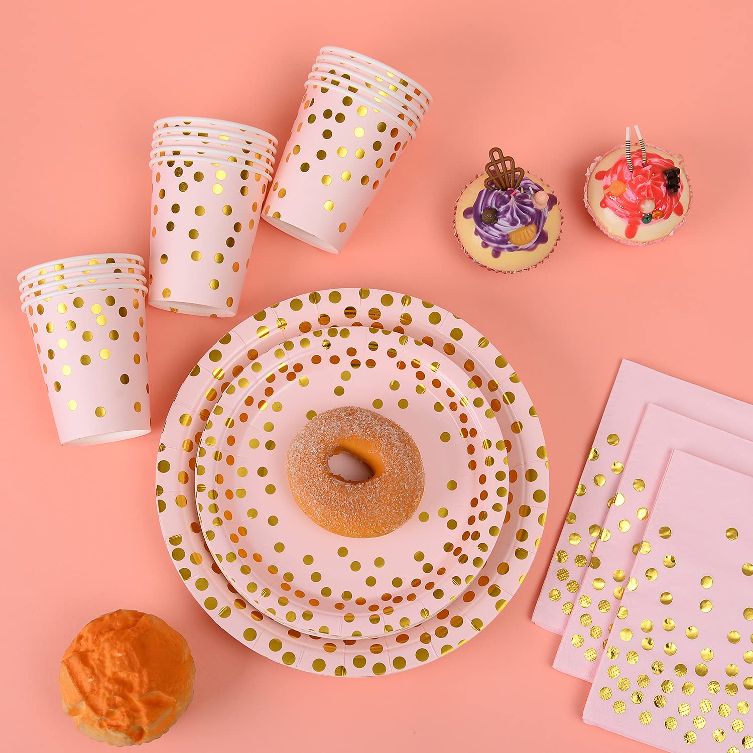 201-Piece Pink & Gold Party Supplies Set - Disposable Dinnerware for 25 Guests, Includes Pink Paper Plates, Cups, Napkins with Gold Dots & Gold Plastic Cutlery - Perfect for Baby Showers, Weddings, Bridal Showers & Birthday Parties (Elegant Pink & Gold Theme)