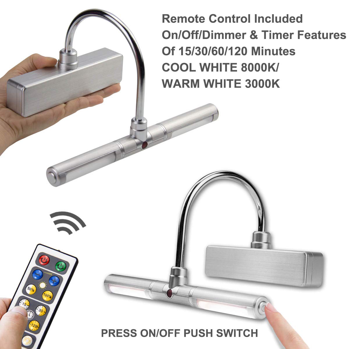 BIGLIGHT Battery Operated LED Picture Light with Timer & Dimmer - Rotatable Light Heads, 3 Lighting Modes, Remote Control - 8.8