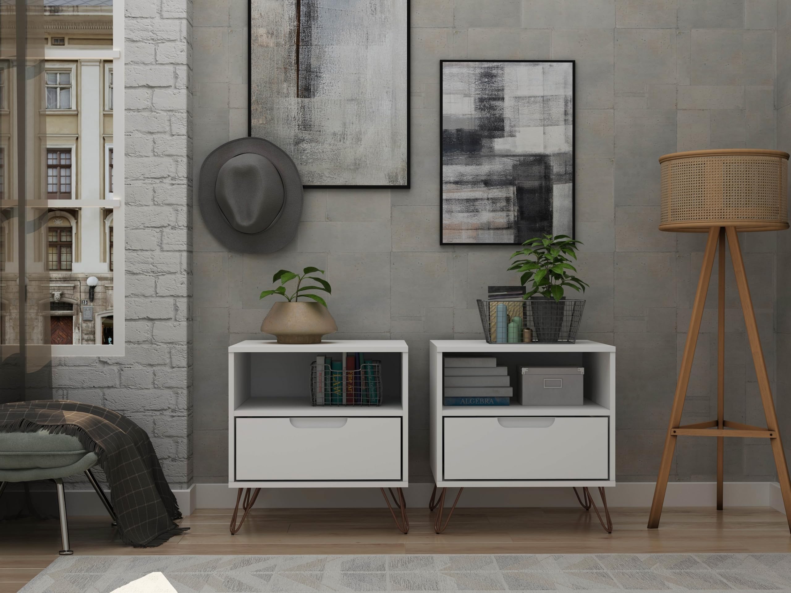 Mid Century Modern Nightstands Set of 2 - White Rockefeller Bedside Tables with Drawer & Cubby Storage | Functional Bedroom & Living Room Furniture for Home Organization | Perfect for Small Spaces & Guest Rooms