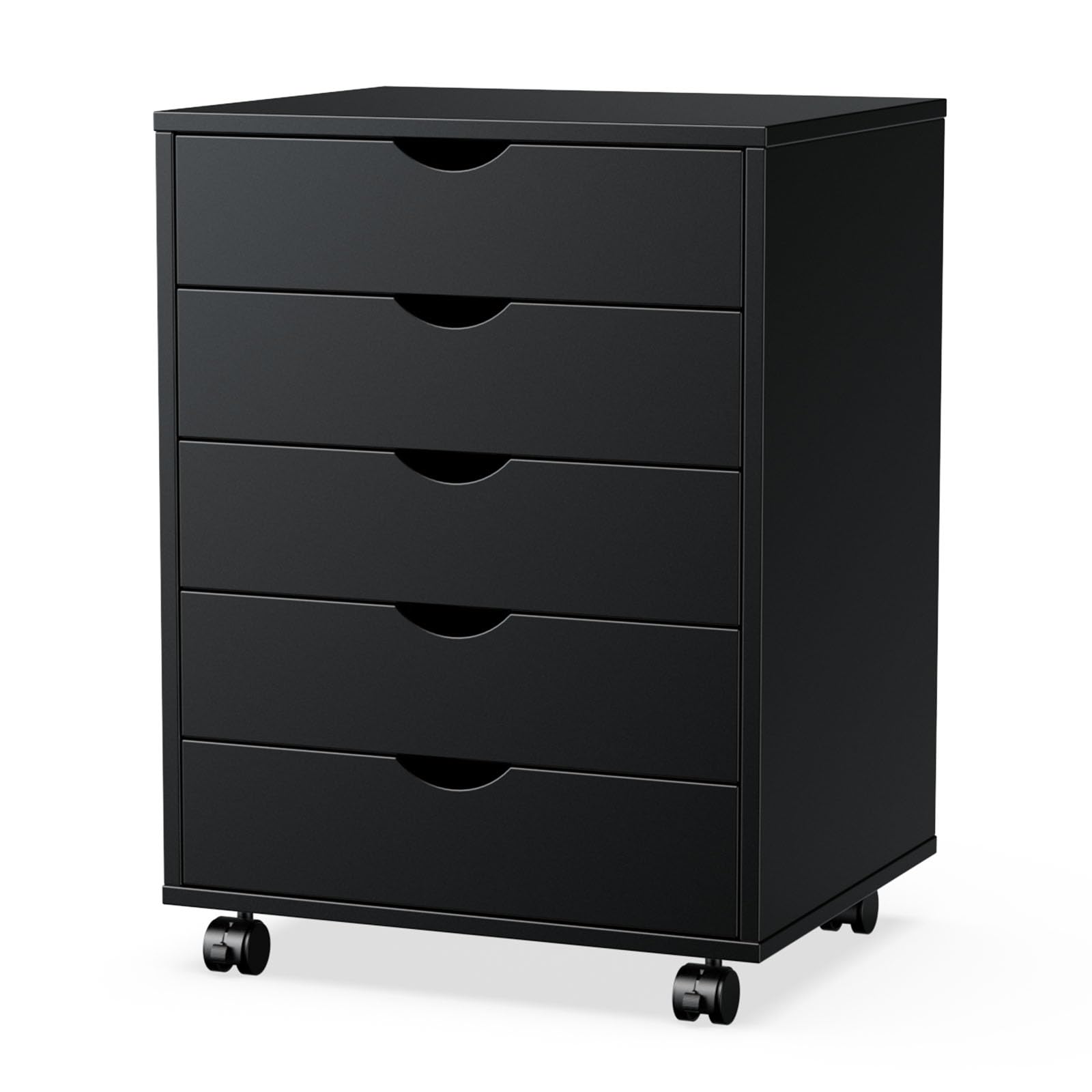 5-Drawer Wooden Storage Cabinet with Wheels - Mobile Dresser Organizer for Office, Bedroom & Home - Black File Cabinet for Documents, Clothes & Home Organization