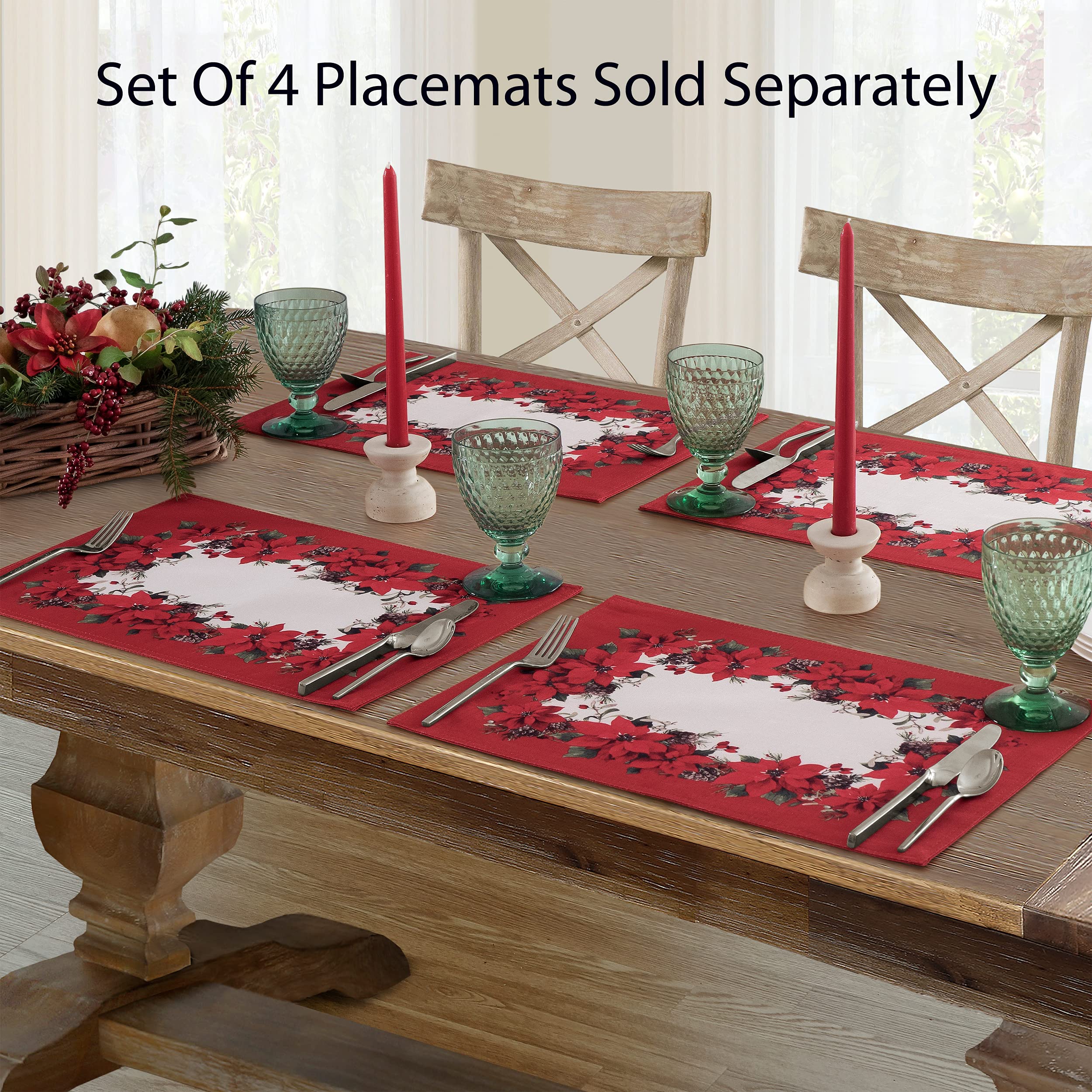 Newbridge Christmas Blooming Poinsettia Double Bordered Set of 4 Fabric Placemats - Holiday Red & White Poinsettia Dining Table Mats for Festive Decorations & Holiday Dinner Parties