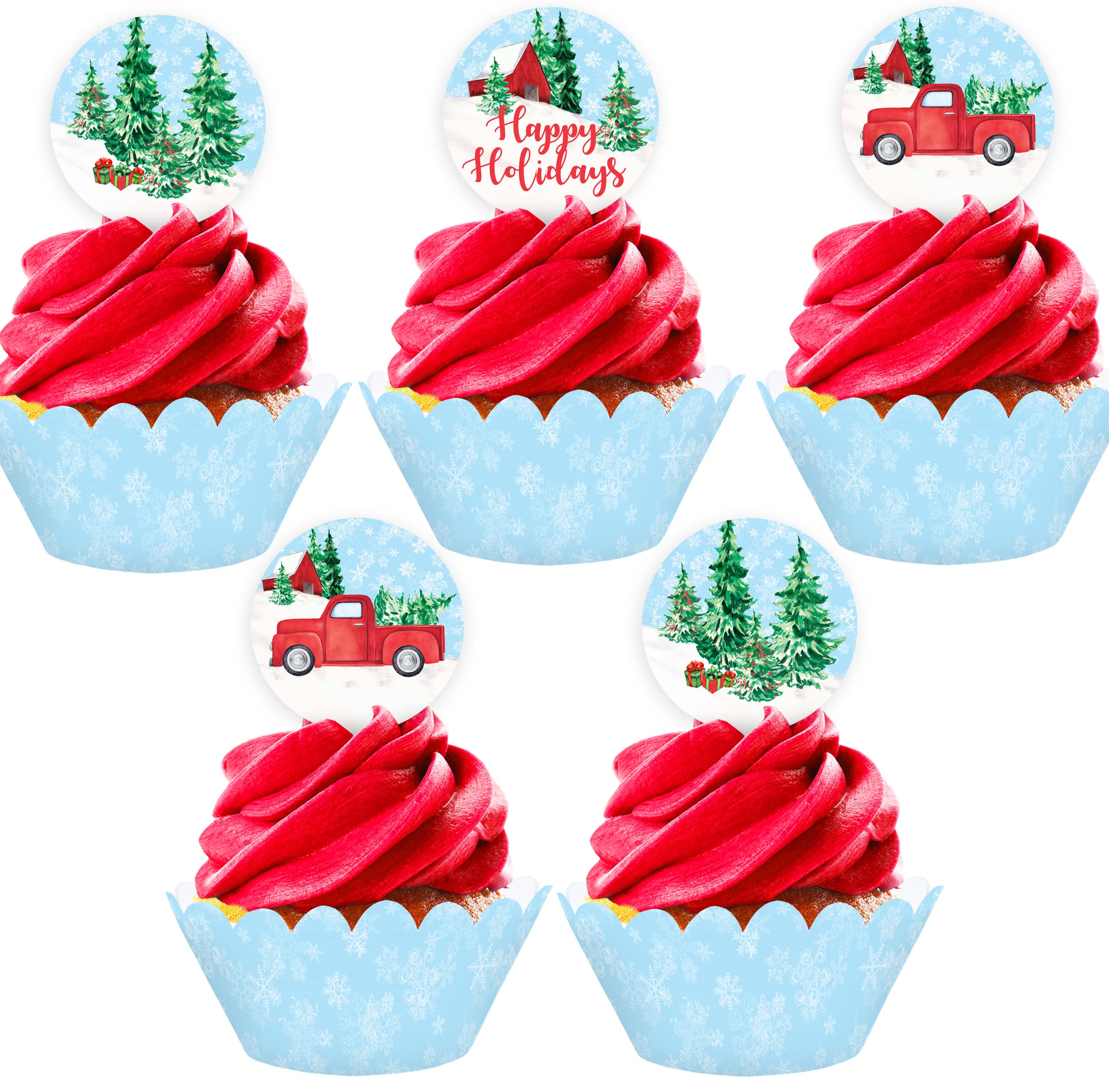 Winter Pick Up Truck Cupcake Toppers & Wrappers Set - 24 Christmas Cupcake Decorations for Holiday Parties, Baking & Festive Dessert Displays - Perfect for Christmas Tree Trunk or Treat, Xmas Dessert Table & Cookie Exchange