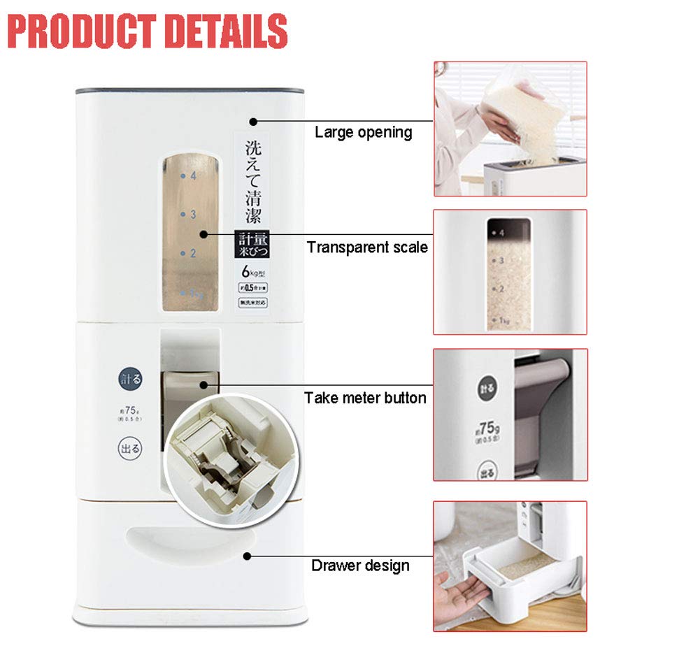 Plastic Rice Dispenser with Airtight Seal - 6kg Food Storage Container for Keeping Rice Dry, Fresh & Insect-Free | Perfect for Kitchen Pantry Organization (Red/White)
