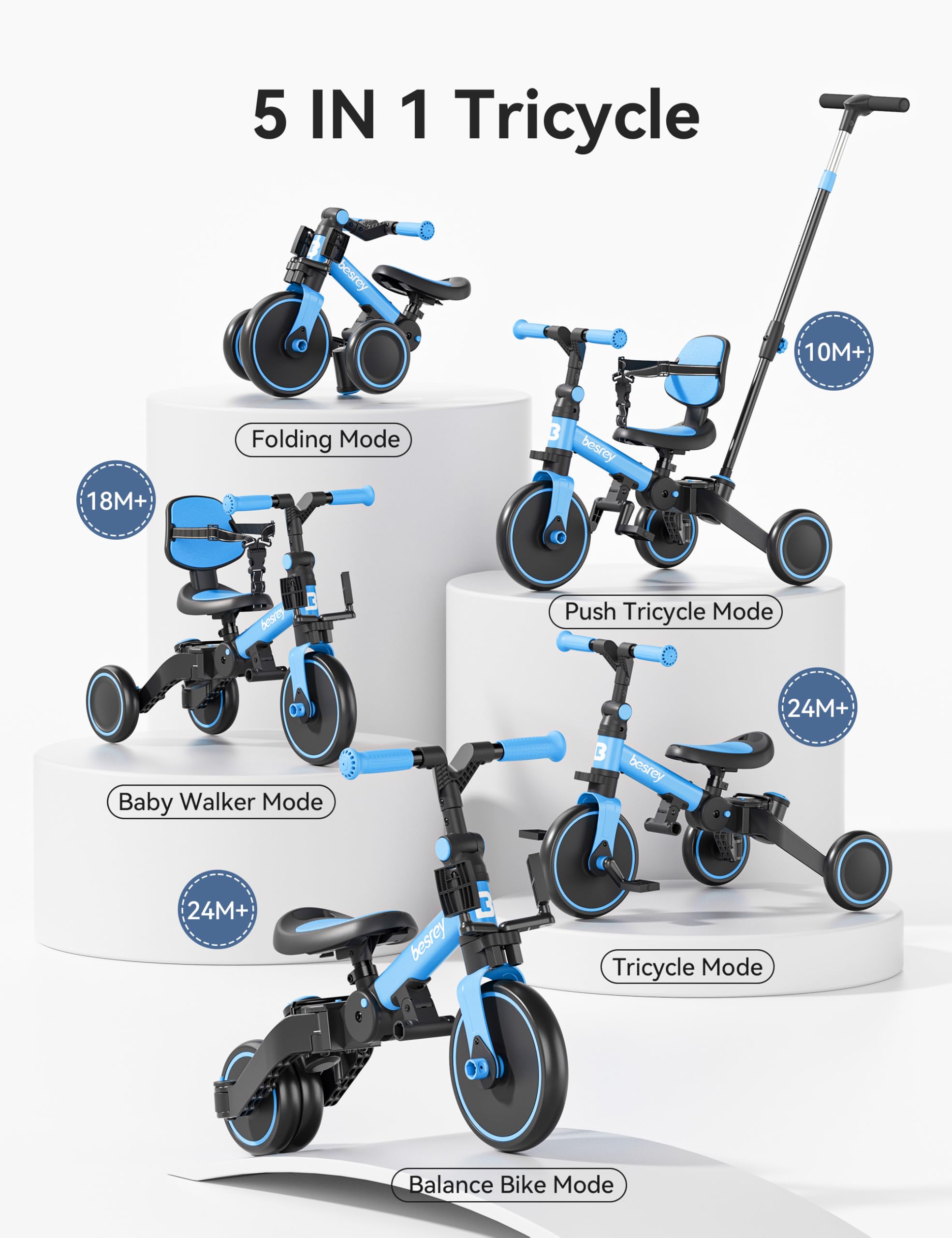Besrey 5-in-1 Toddler Bike for 1-3 Year Olds - Convertible Tricycle with Push Handle, Adjustable Backrest & Safety Belt - Perfect Balance Bike & First Birthday Gift for Boys & Girls - Ideal for Indoor Play, Outdoor Learning & Developing Motor Skills