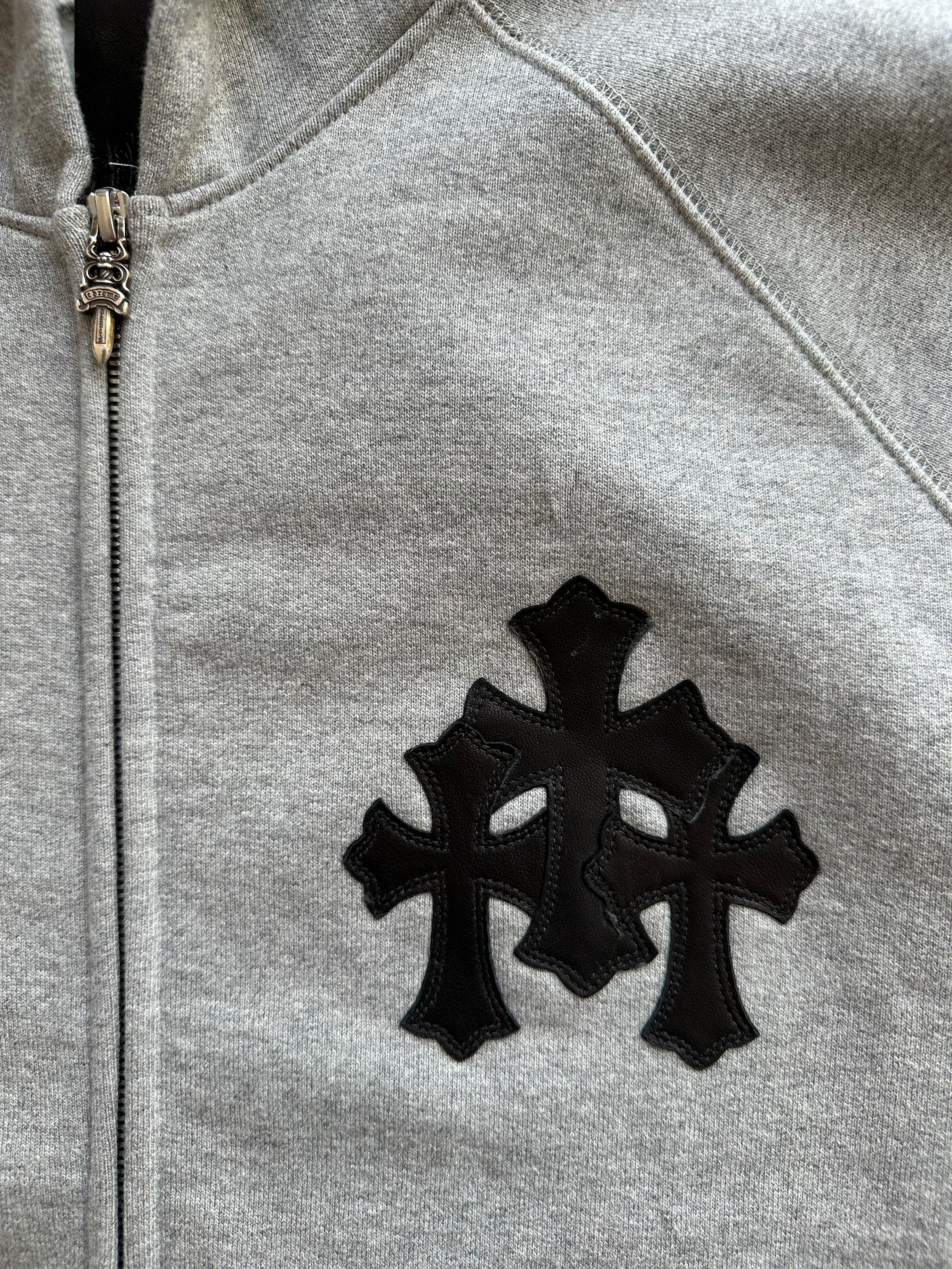 Chrome Hearts Grey & Black Triple Cross Patch Zip Up Hoodie for Men & Women | Streetwear Fashion | Perfect for Casual Outfits & Urban Style