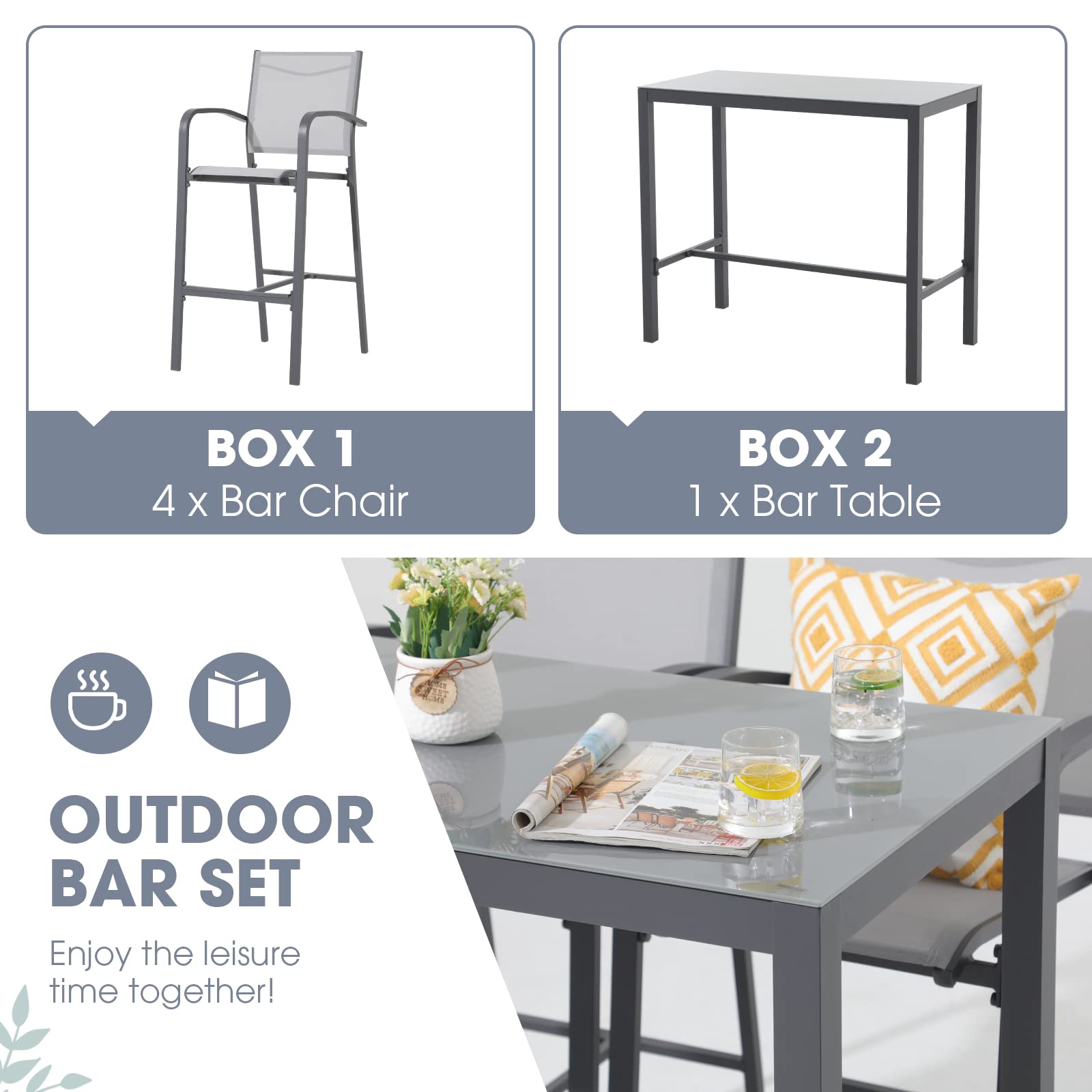 OC Orange-Casual 5-Piece Patio Bar Set - All-Weather Aluminum & Textile Fabric Outdoor High-Top Dining Table with 4 Metal Bar Stools & Glass Top Table - Dark Grey - Perfect for Porch, Garden, Backyard & Poolside Entertaining