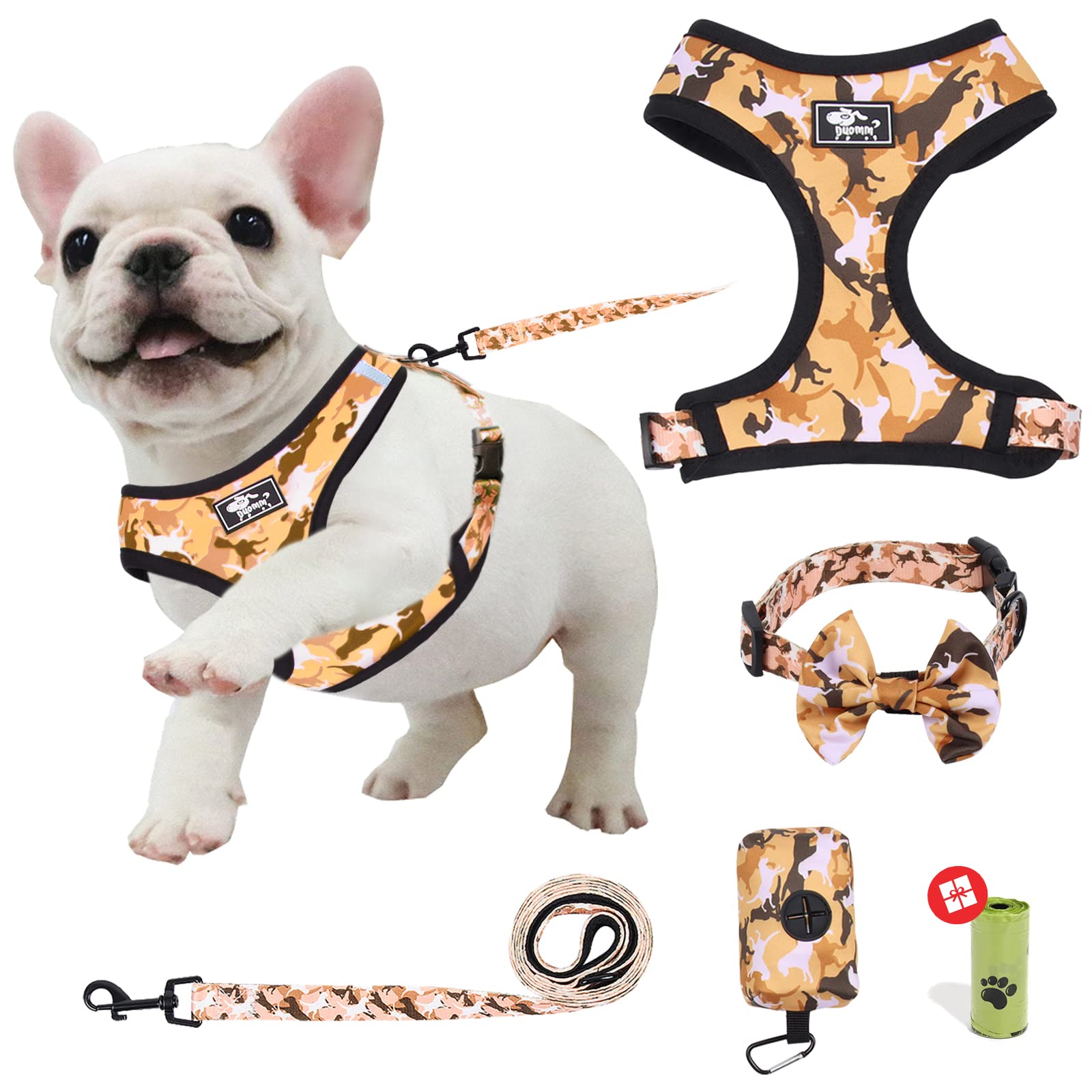 **Reflective Adjustable No-Pull Dog Harness & Leash Set for Small Dogs & Puppies - Yellow Camouflage Vest with Bow-Tie Collar, Poop Bags - Perfect for Walking, Training & Nighttime Safety**