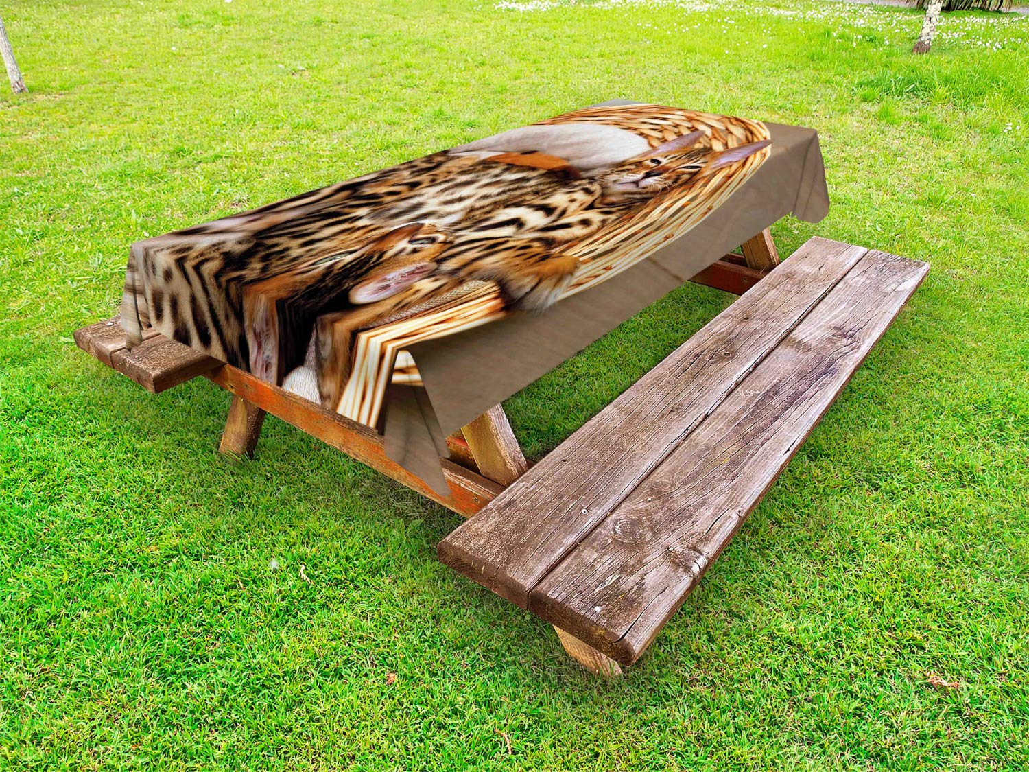 Ambesonne Kitten Outdoor Tablecloth - Little Bengal Cats in Basket Cuddly Kitties Design, Washable Picnic Table Cover 58
