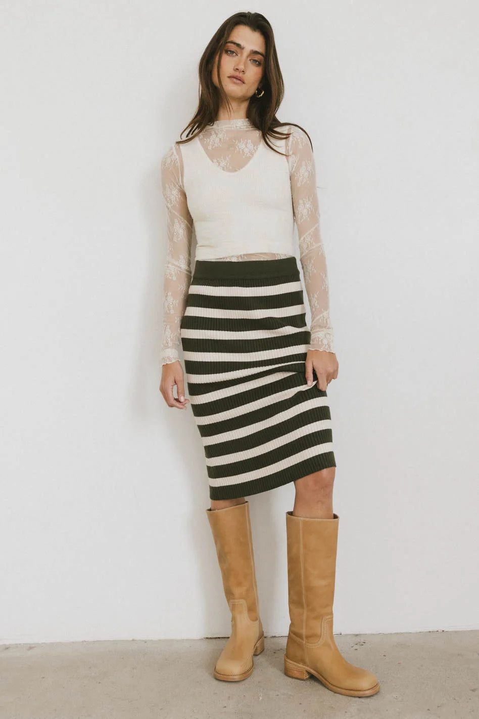 Alani Green Striped Skirt for Women - Summer Casual A-Line Midi Skirt with Pockets | Perfect for Beach Vacations, Brunch Dates & Office Wear