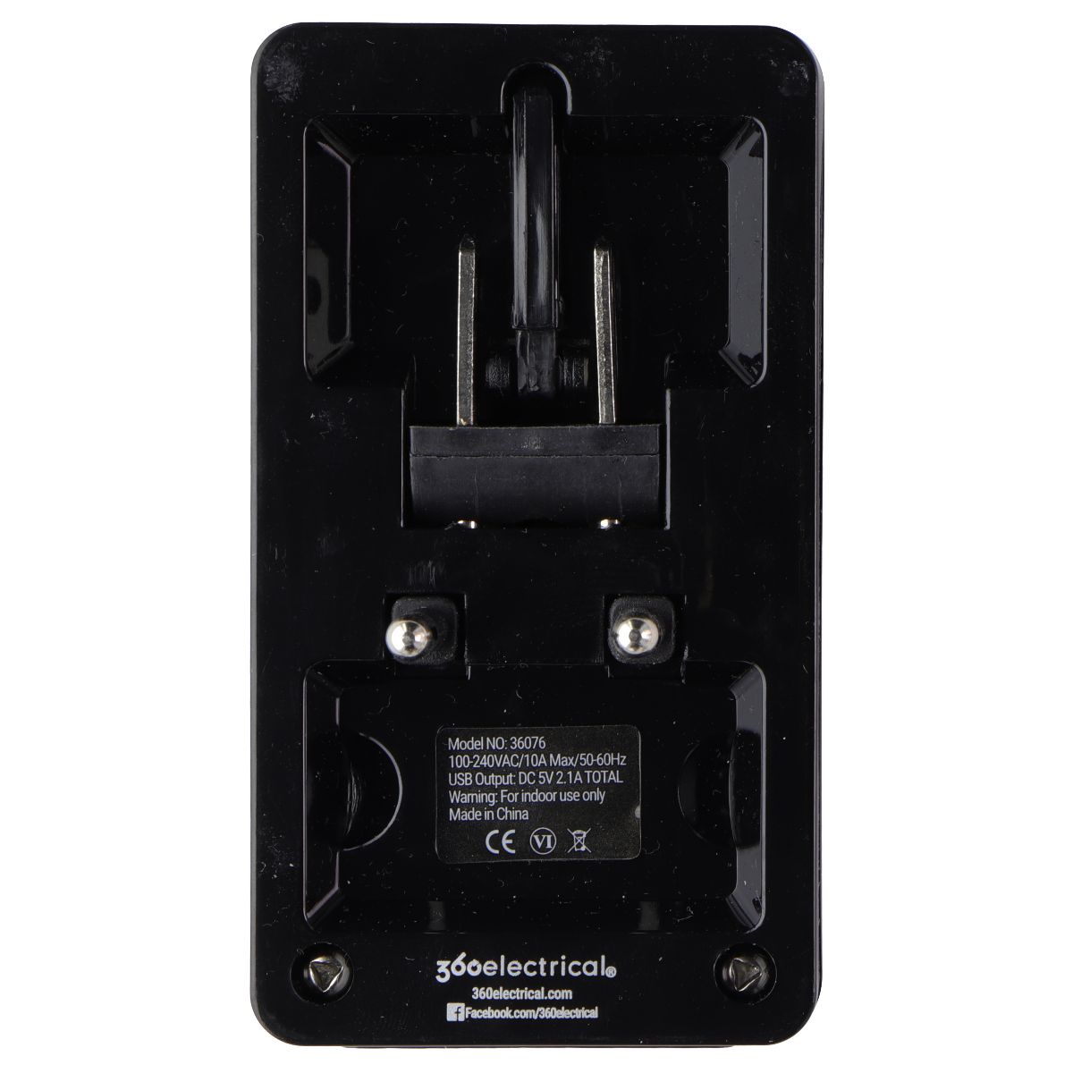 360 Electrical 2 Outlet Adapter with 2.1A USB Charger - Universal Travel Plug for US/China/Israel/UK/EU - Black - Perfect for Hotels, Dorms & International Travel